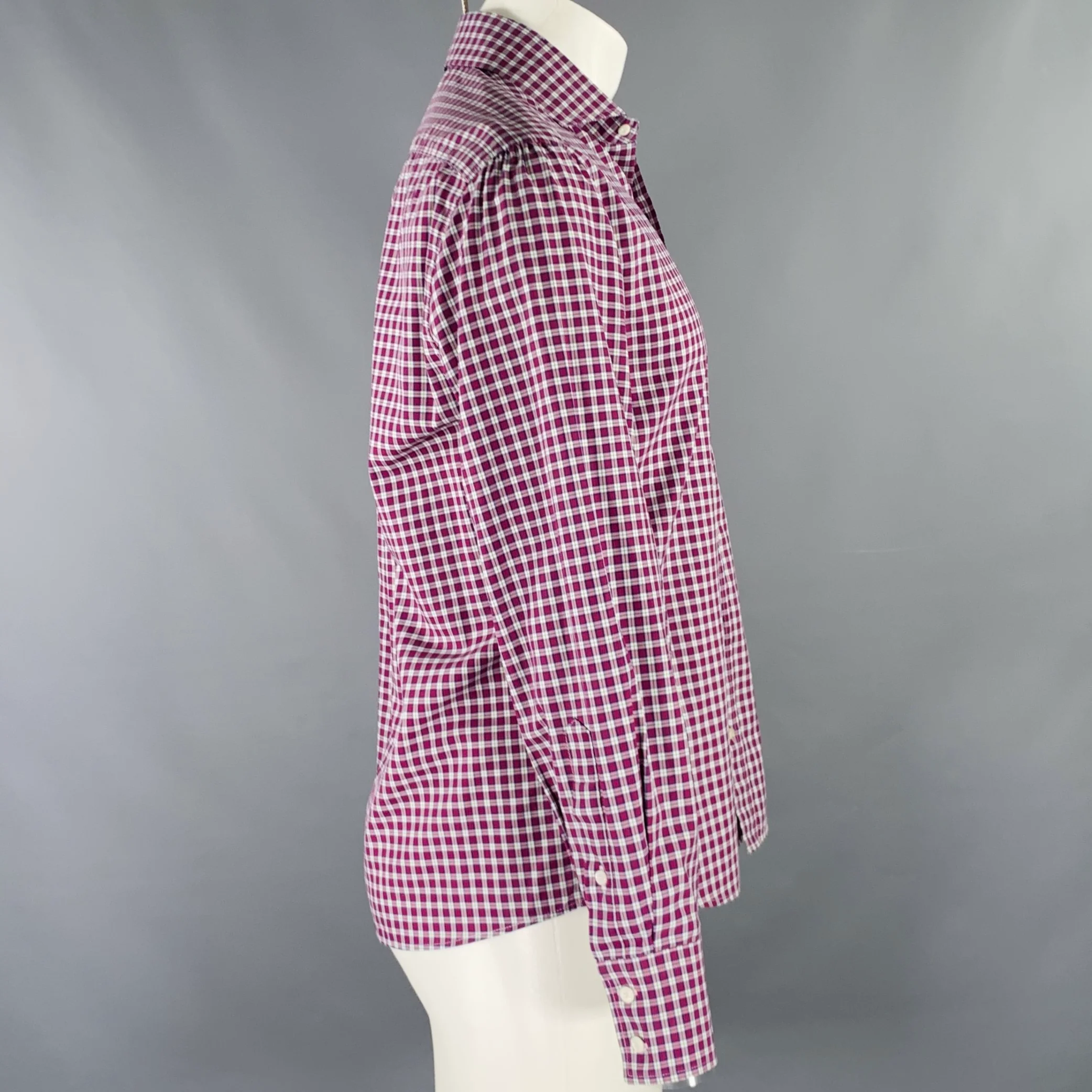 BRUNELLO CUCINELLI Size M Red White Plaid Cotton Long Sleeve Shirt - Image 3