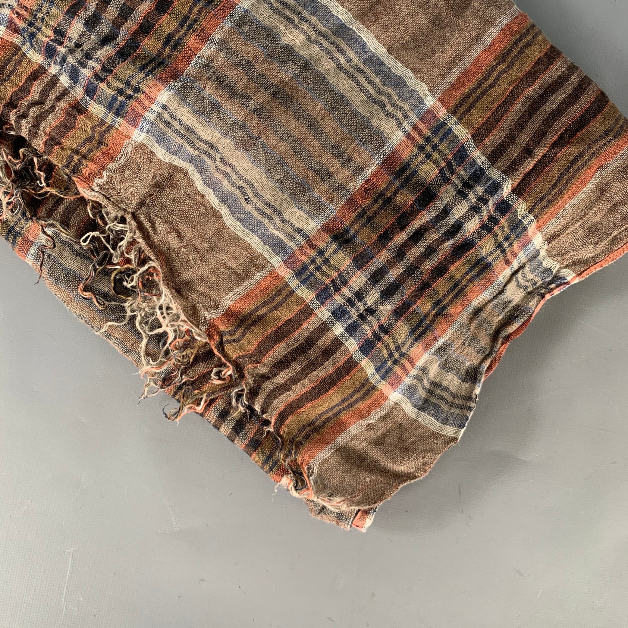 BRUNELLO CUCINELLI Size One Size Brown Orange Plaid Linen Scarves - Image 2