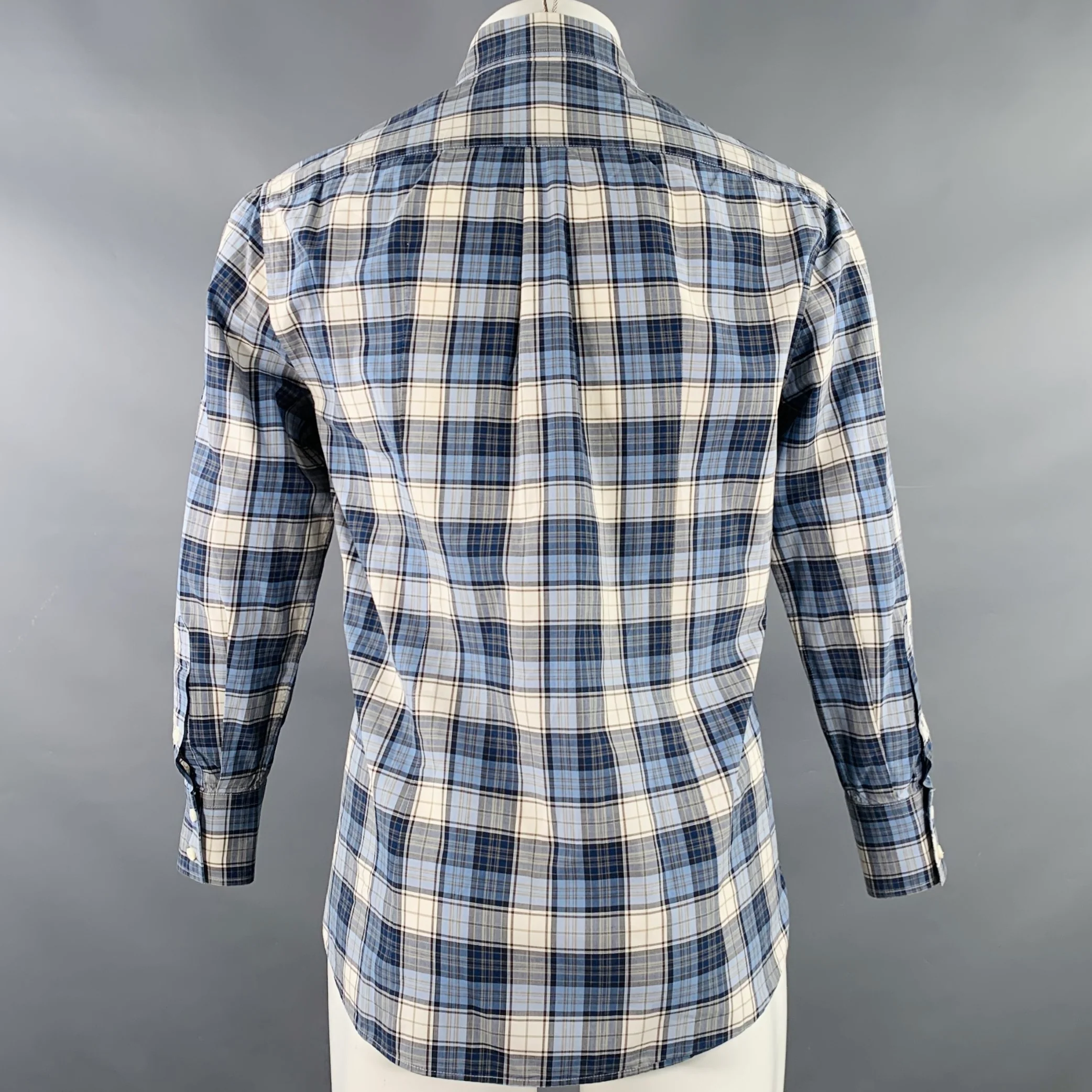 BRUNELLO CUCINELLI Size S Blue Navy Plaid Cotton Button Down Long Sleeve Shirt - Image 3
