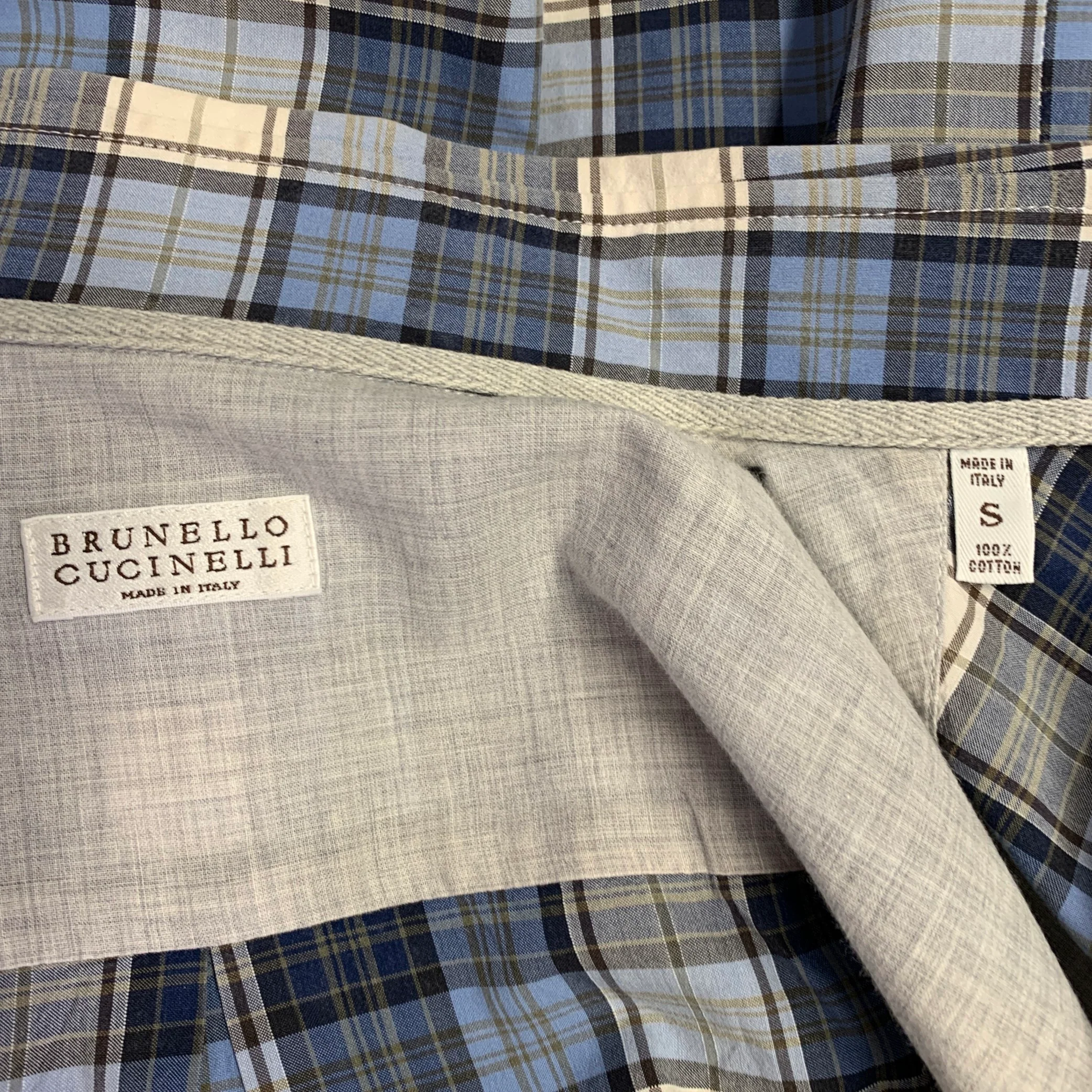 BRUNELLO CUCINELLI Size S Blue Navy Plaid Cotton Button Down Long Sleeve Shirt - Image 4