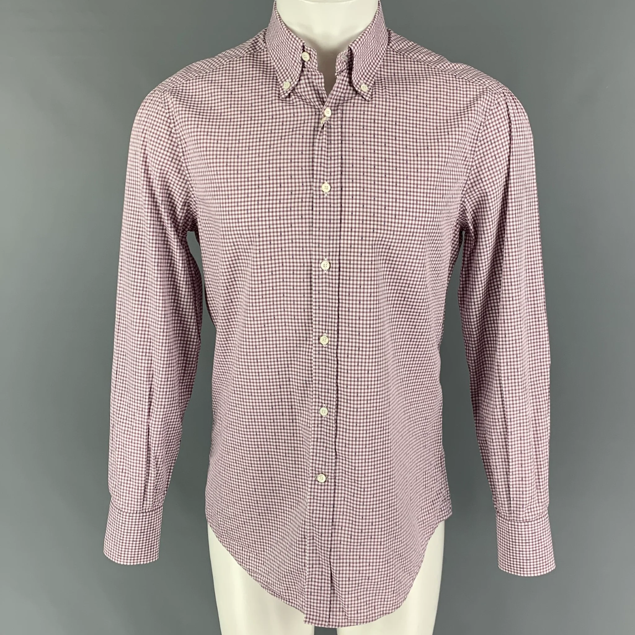 BRUNELLO CUCINELLI Size S Burgundy White Checkered Button Down Long Sleeve Shirt