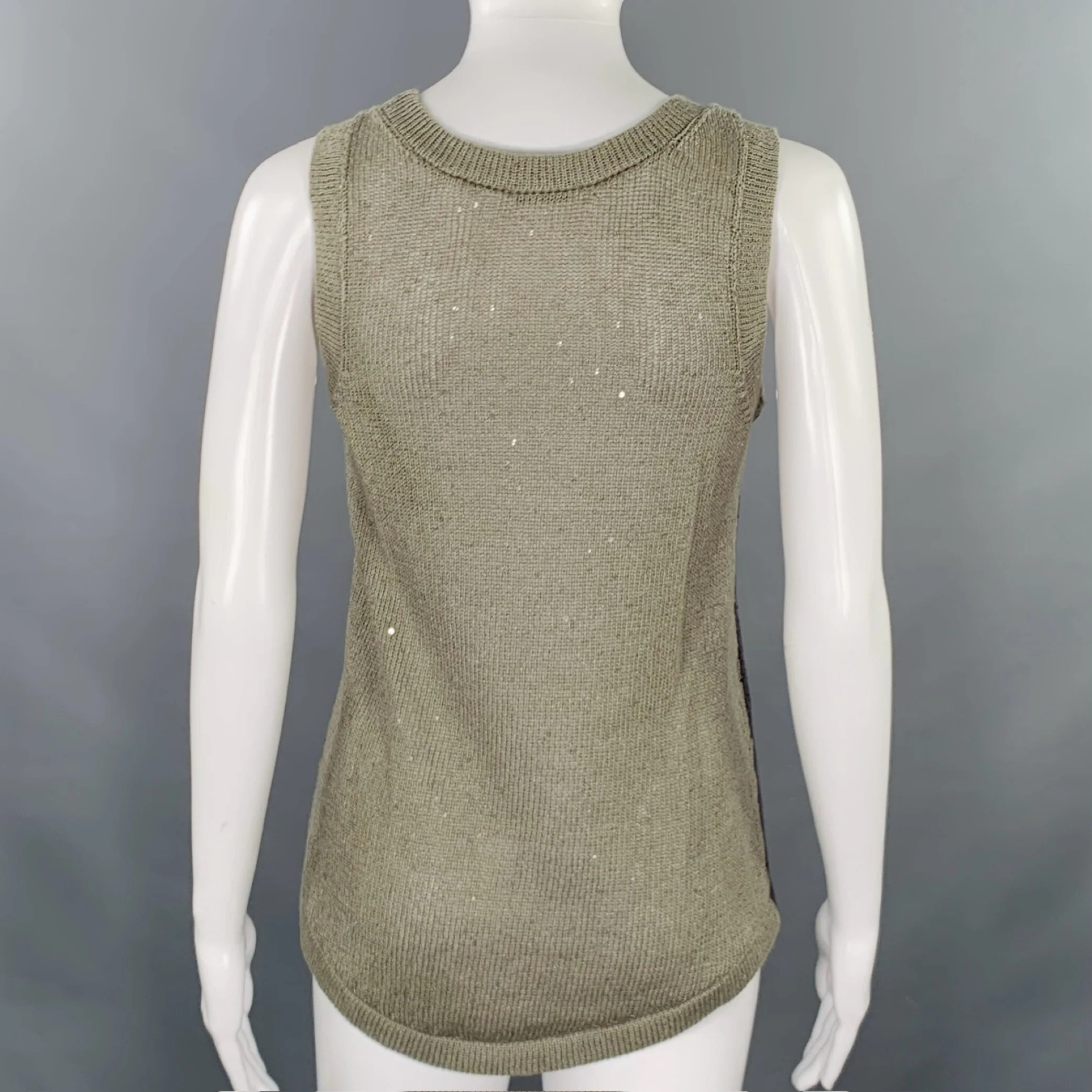 BRUNELLO CUCINELLI Size S Green Sage Linen Blend Knit Sleeveless Casual Top - Image 3