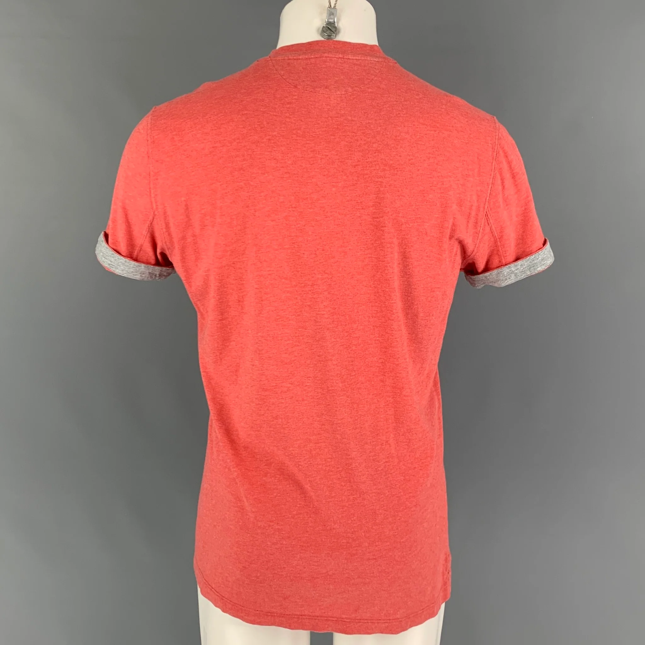BRUNELLO CUCINELLI Size S Red Grey Cotton V-Neck T-shirt - Image 3