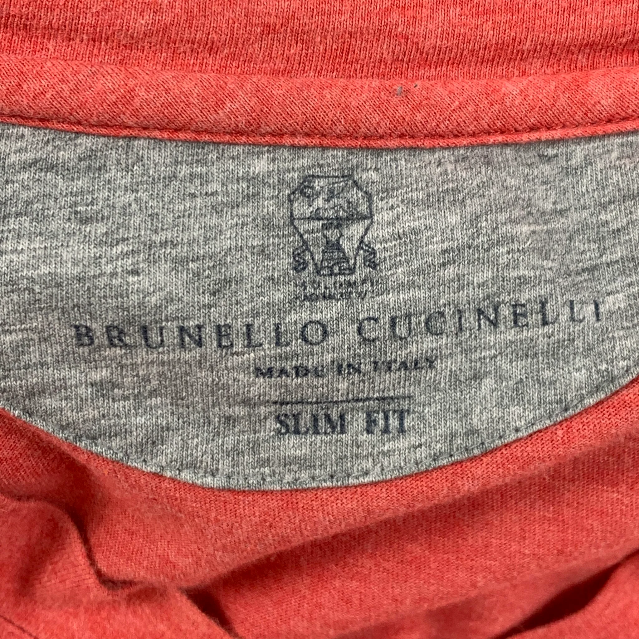 BRUNELLO CUCINELLI Size S Red Grey Cotton V-Neck T-shirt - Image 5