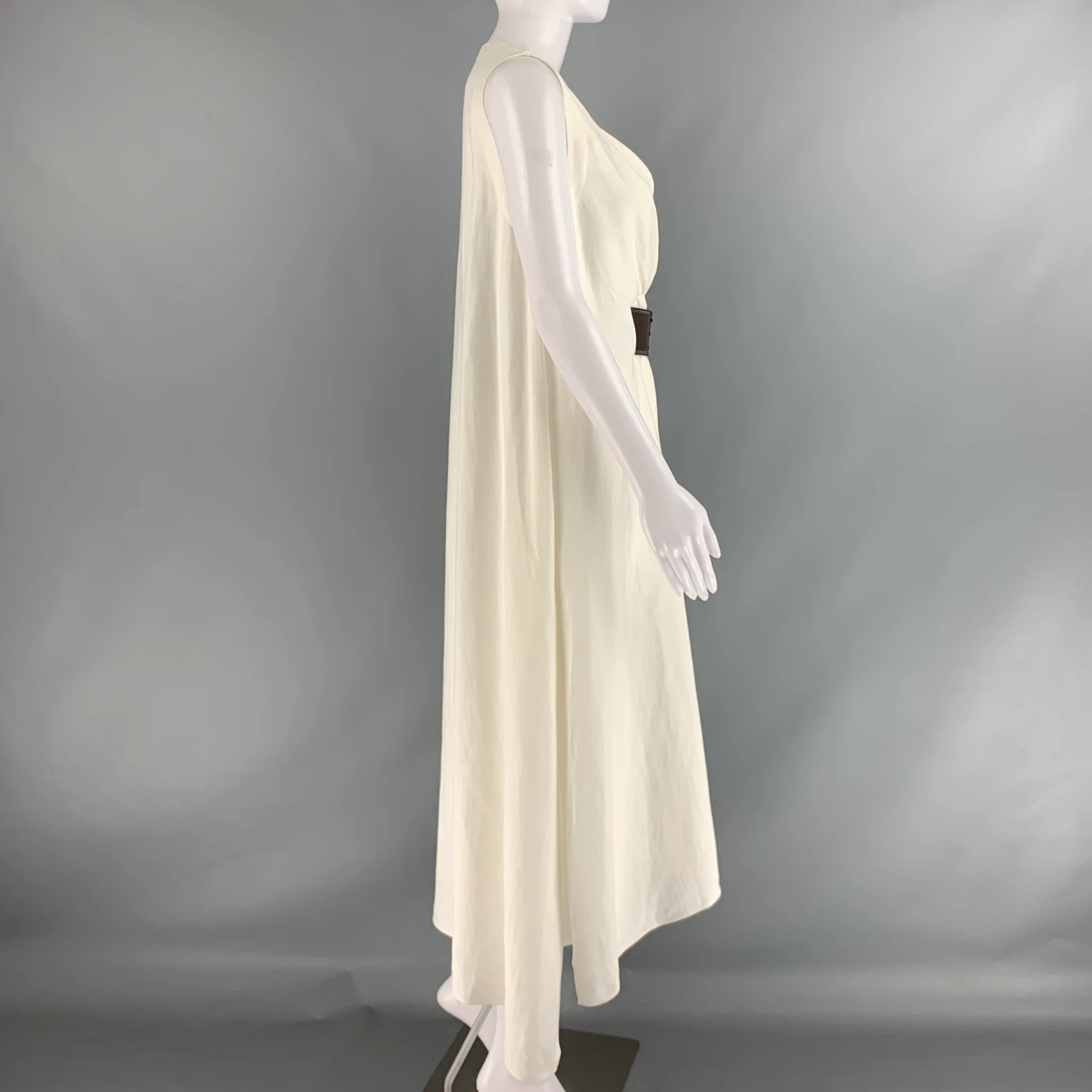 BRUNELLO CUCINELLI Size S White Brown Viscose Linen Belted Dress - Image 3