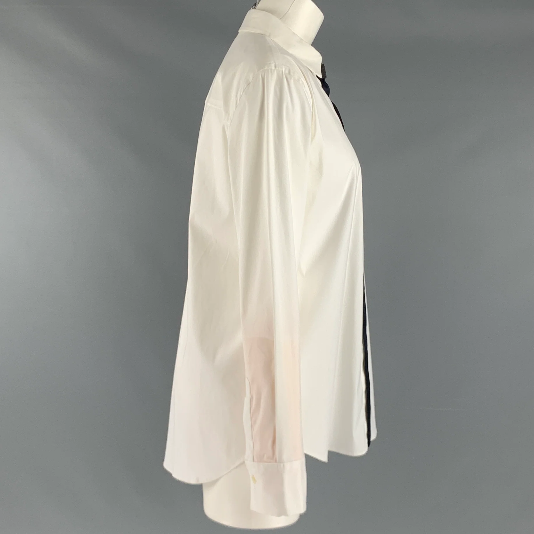 BRUNELLO CUCINELLI Size XL White Black Cotton Blend Contrast trim Shirt - Image 3