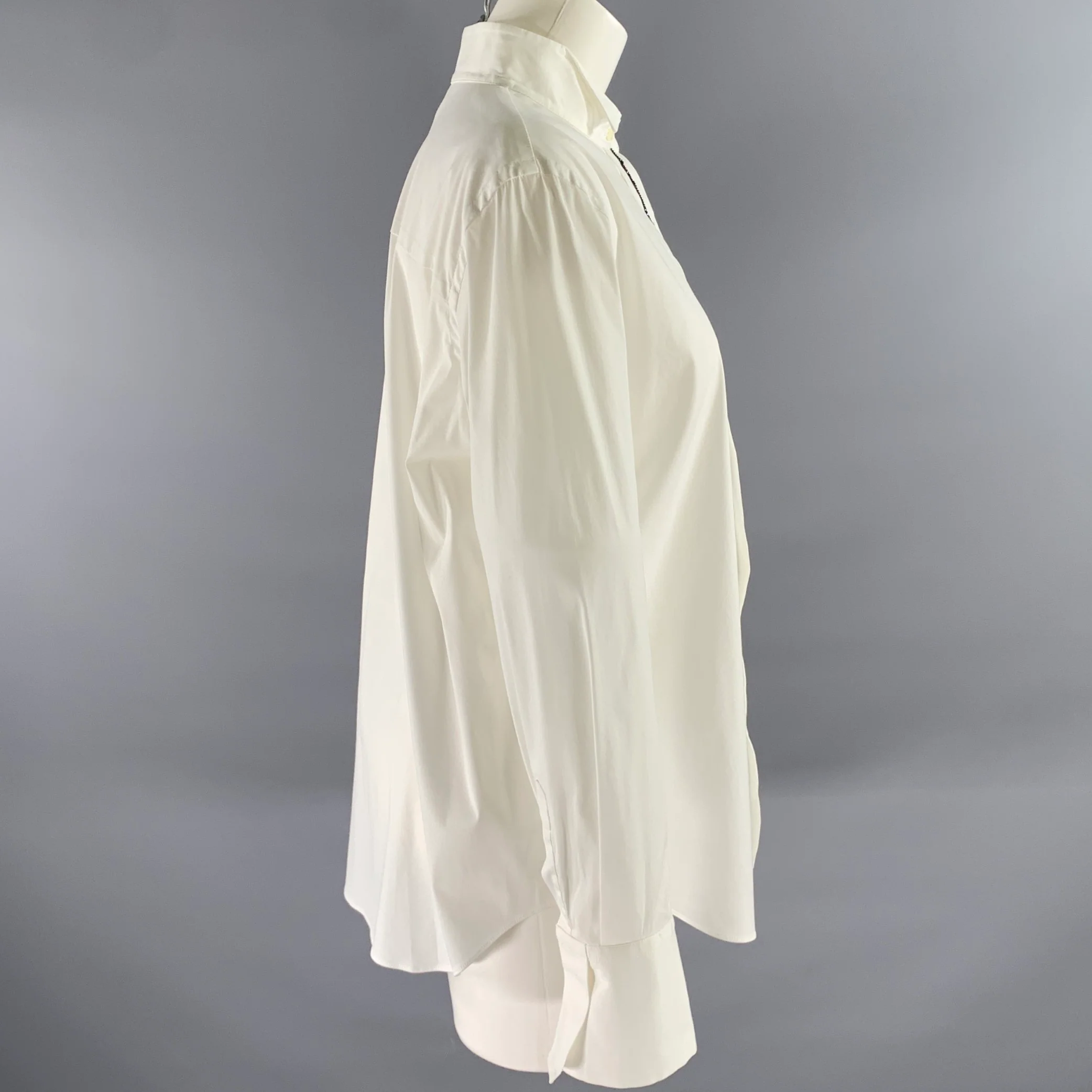 BRUNELLO CUCINELLI Size XL White Cotton Blend Beaded Shirt - Image 3