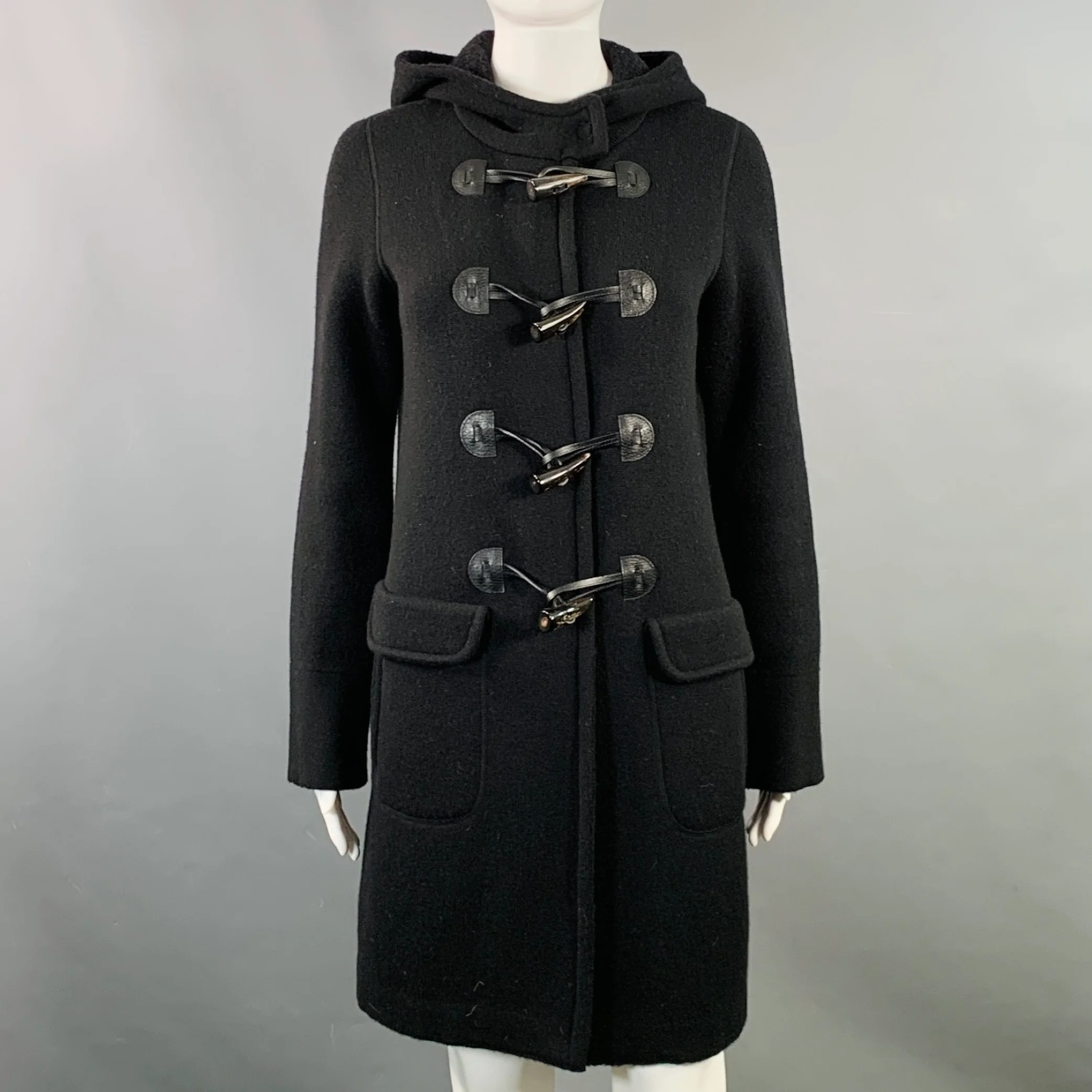 BRUNO MANETTI Size 4 Black Wool Cashmere Blend Knit Hooded Toggle Closure Coat