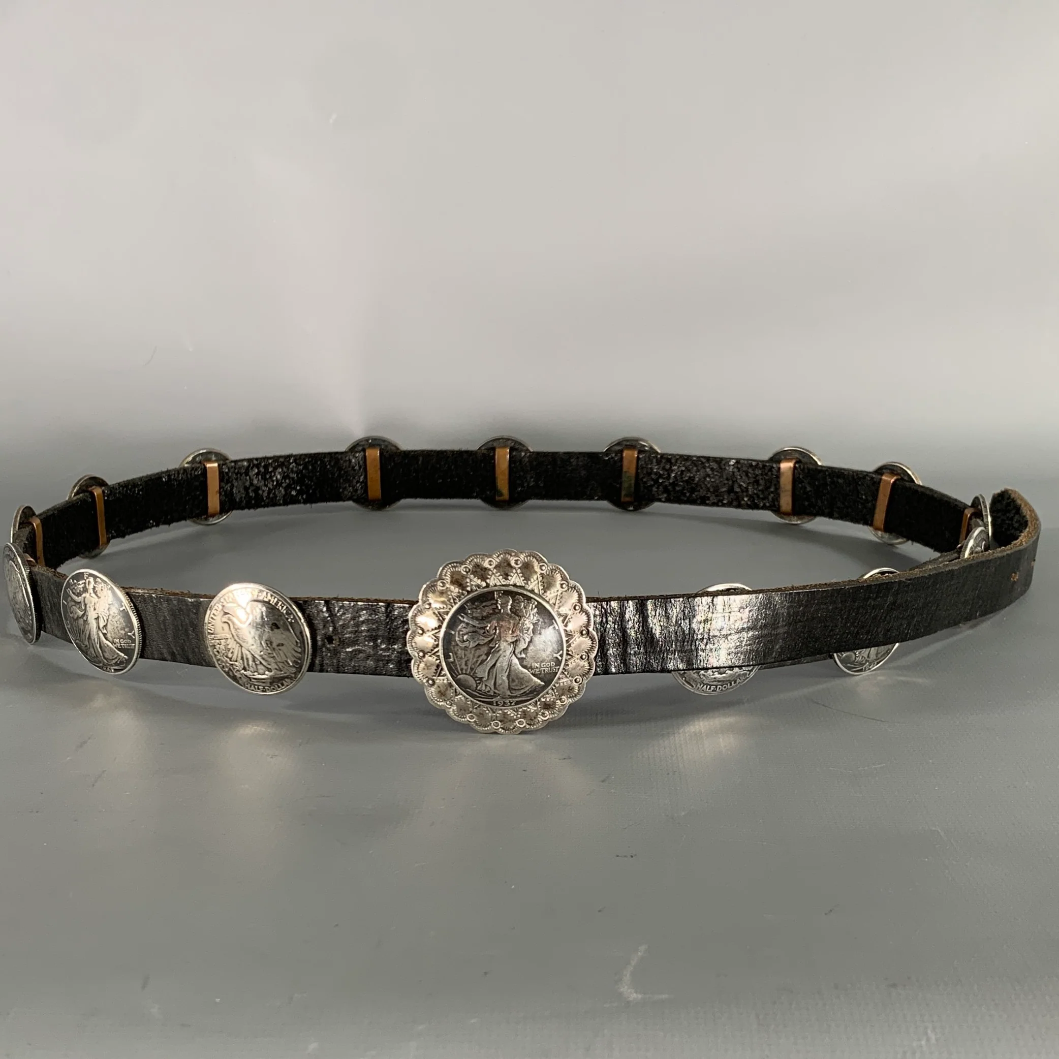 BUFFALO DANCER USA COIN SILVER Black Silver Concho Leather Sterling Belt
