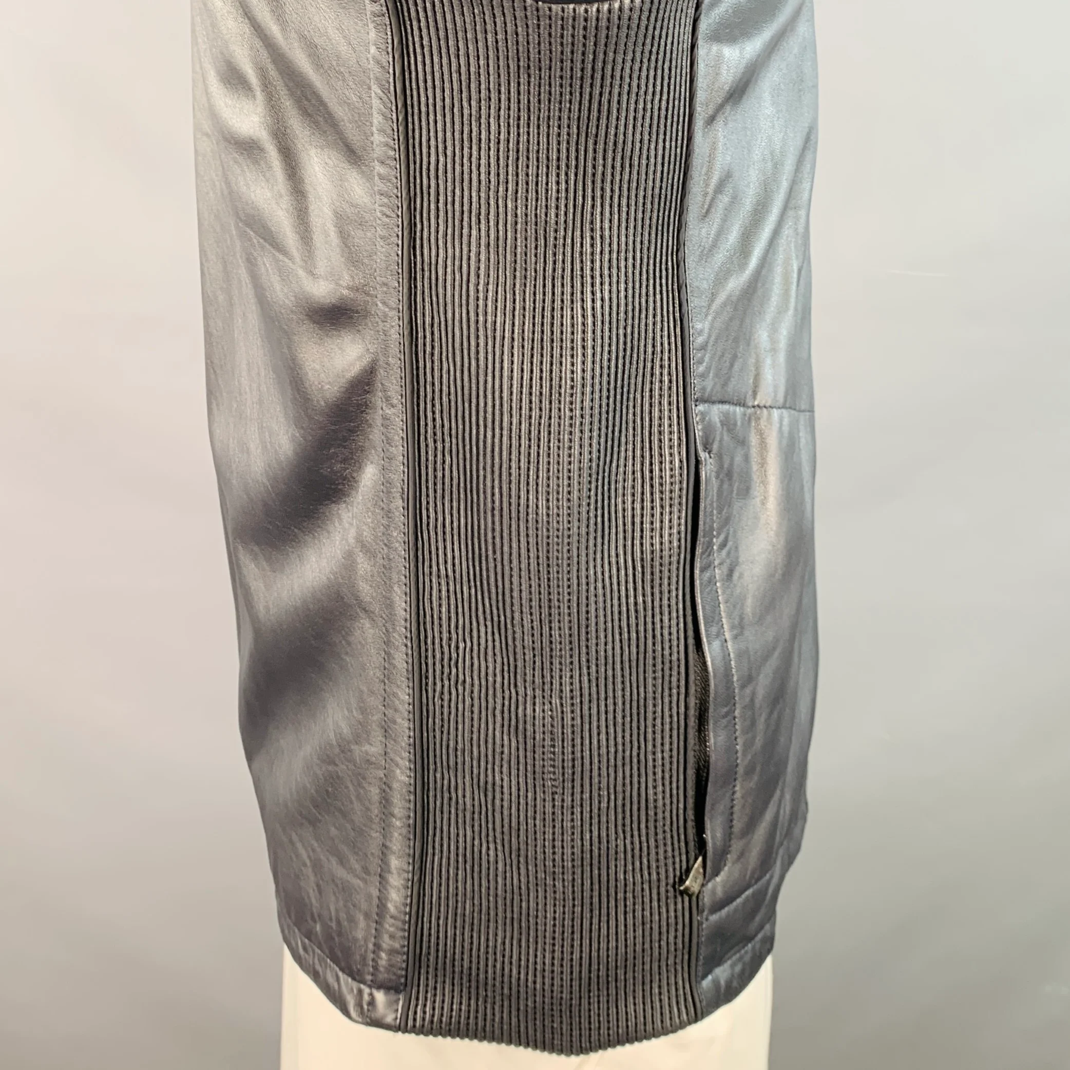 BUGATCHI Size L Navy Lambskin Leather Moto Racer Jacket - Image 3