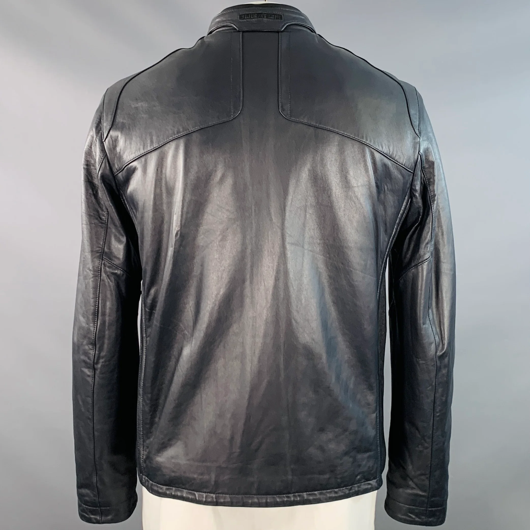 BUGATCHI Size L Navy Lambskin Leather Moto Racer Jacket - Image 4