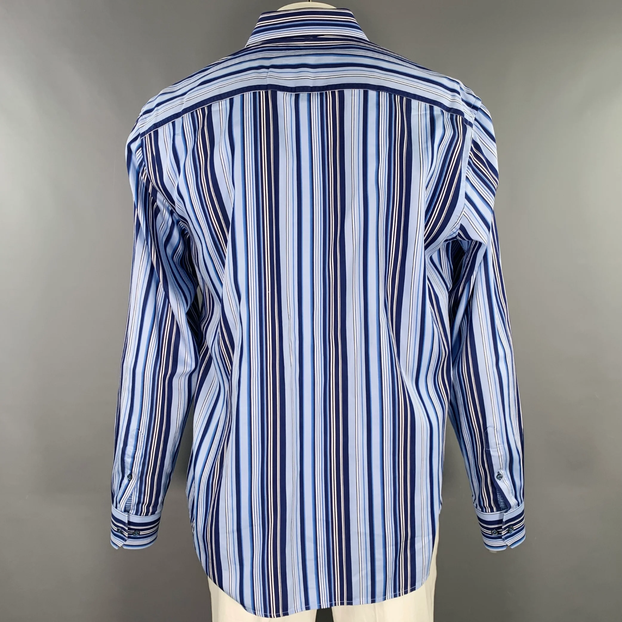 BUGATCHI UOMO Size XL Blue Navy Stripe Cotton Spread Collar Long Sleeve Shirt - Image 3