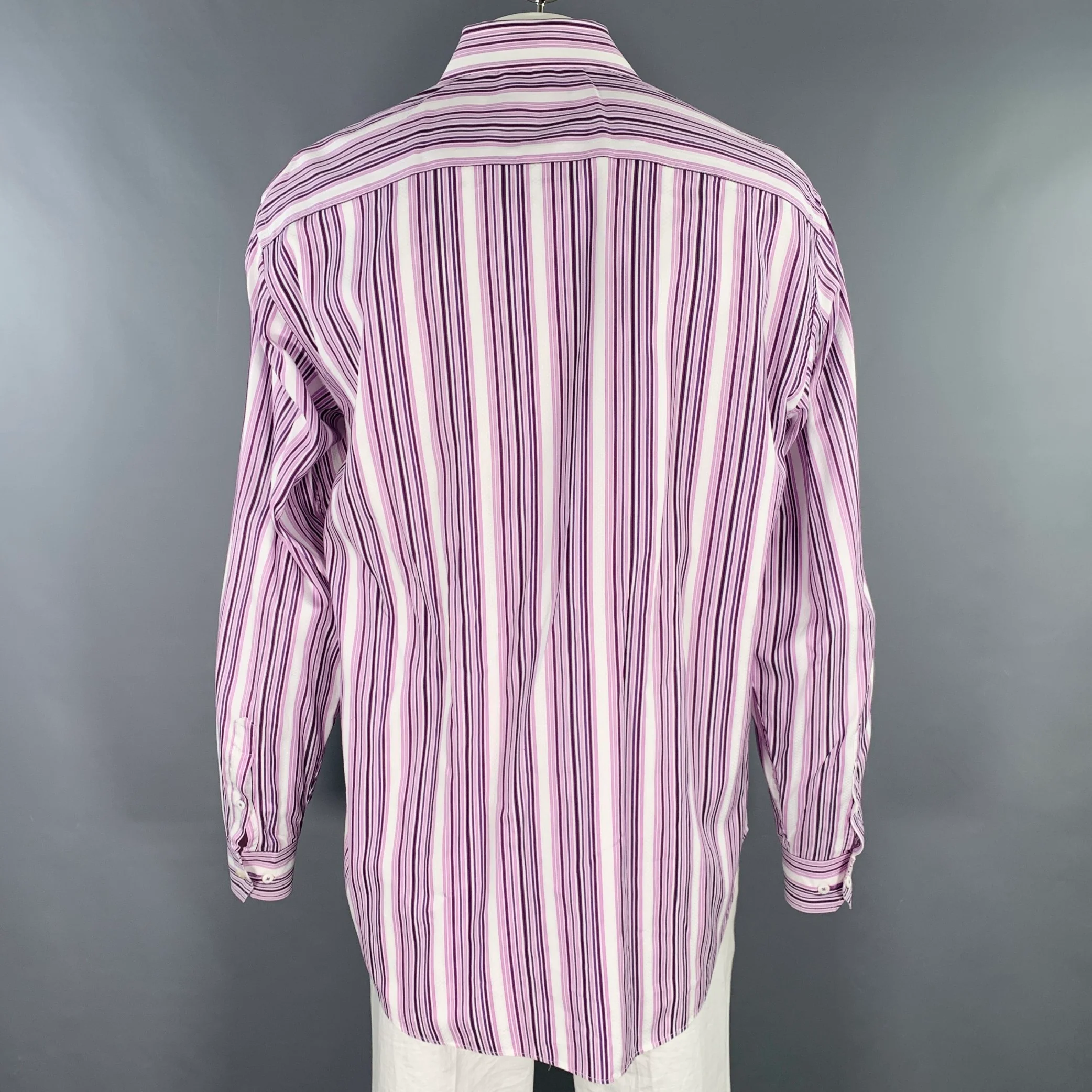 BUGATCHI UOMO Size XXL Purple White Stripe Cotton Long Sleeve Shirt - Image 4