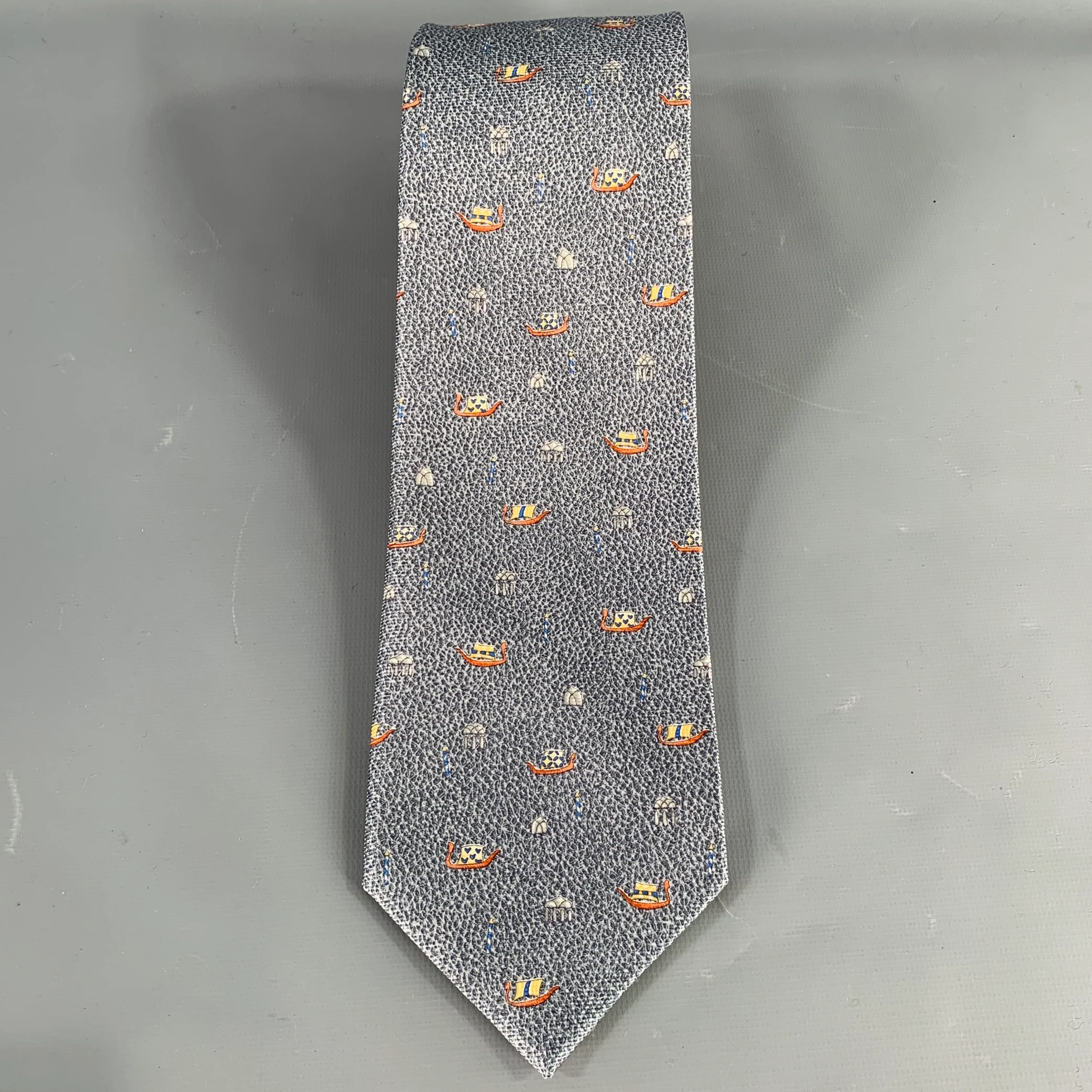 BULGARI Blue Orange White Seascape Silk Tie - Image 3