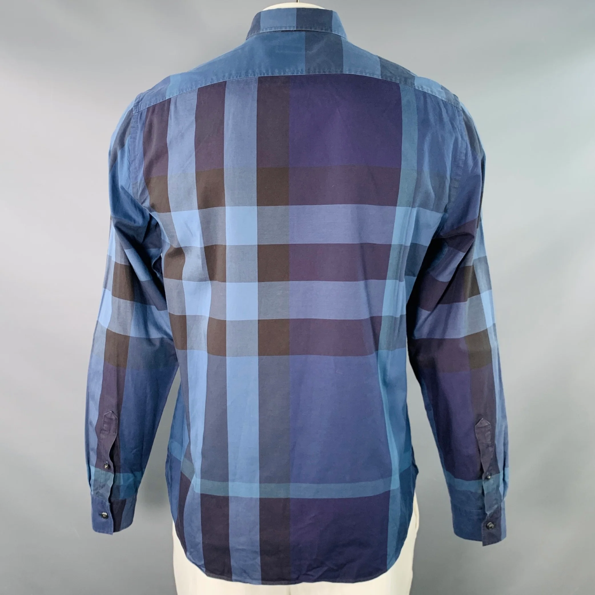 BURBERRY BRIT Size L Blue Navy Plaid Cotton One Pocket Long Sleeve Shirt - Image 3