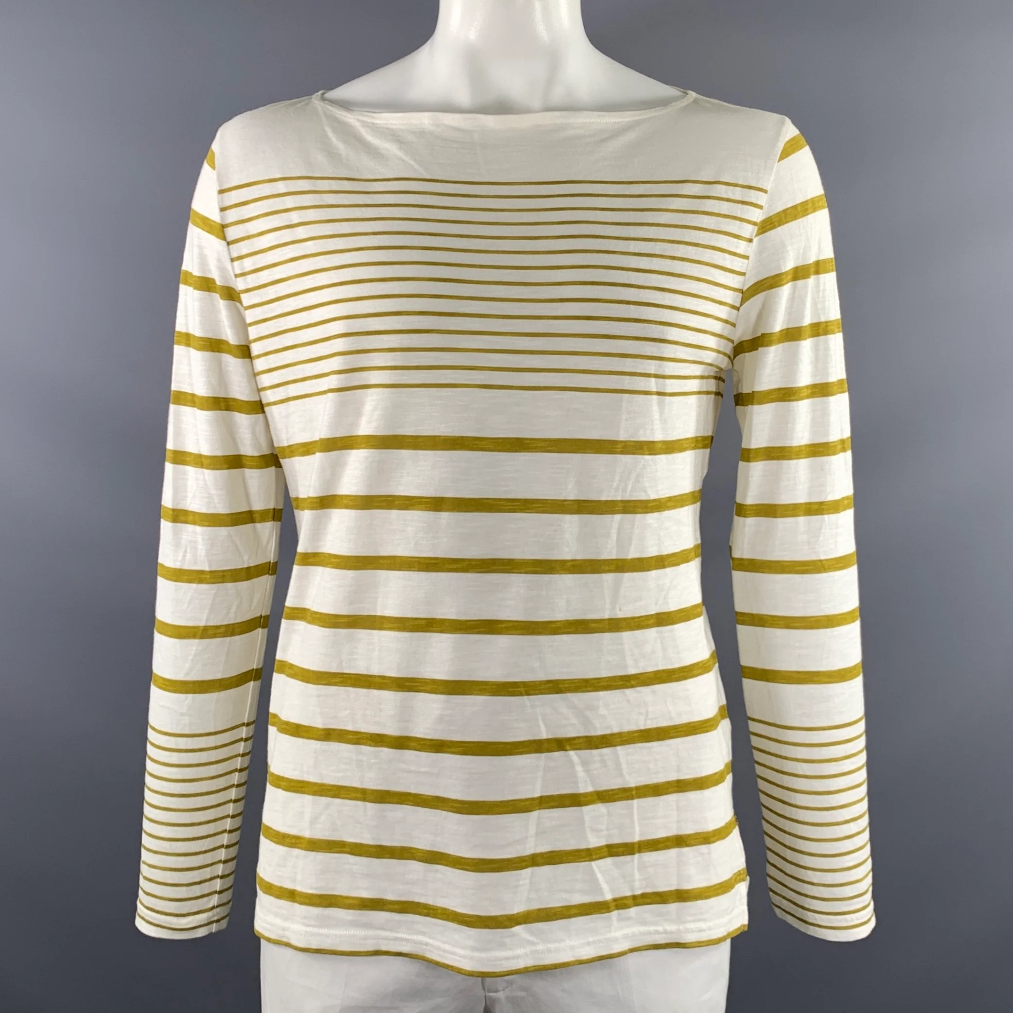 BURBERRY BRIT Size L White Gold Stripe Cotton Boat Neck Long Sleeve Shirt