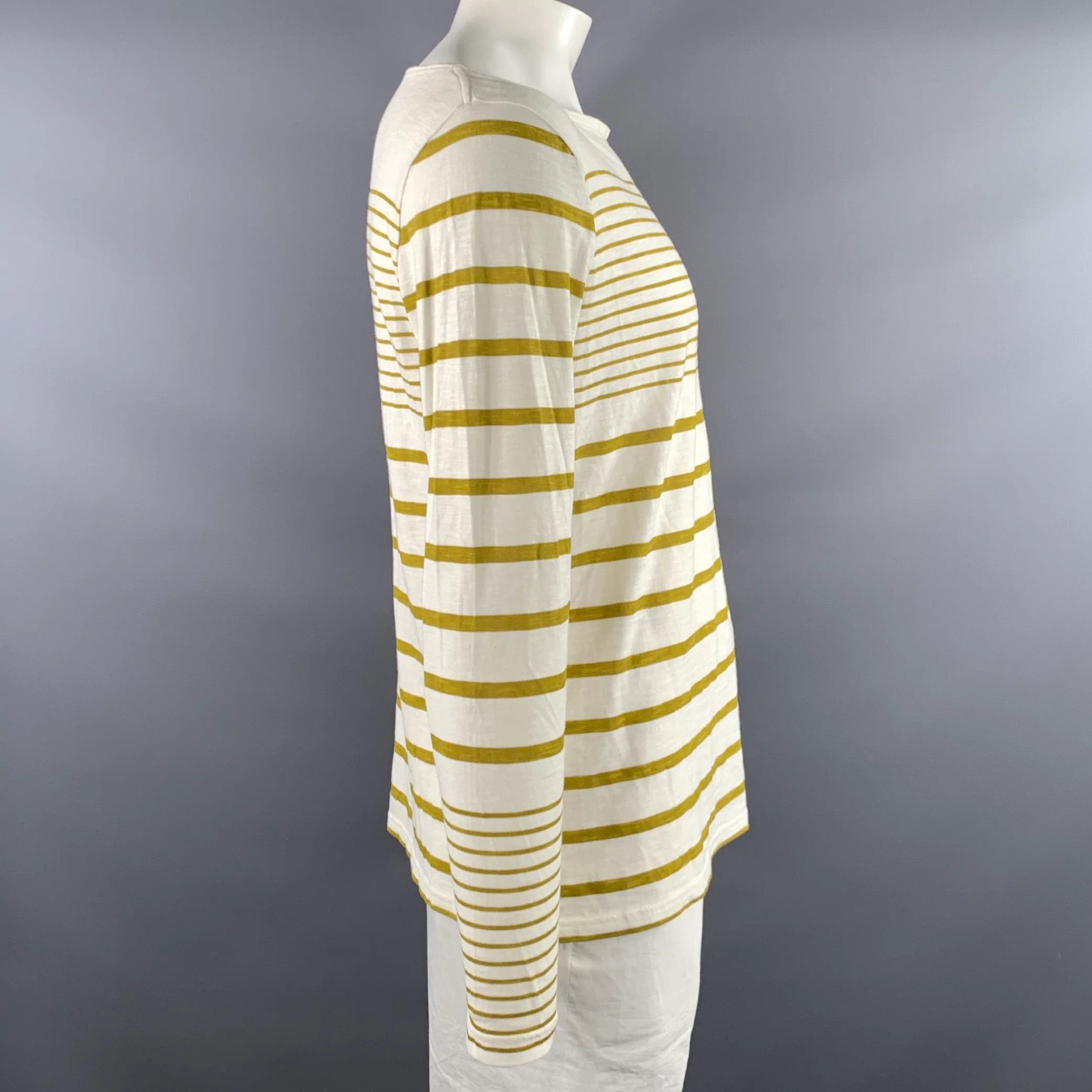 BURBERRY BRIT Size L White Gold Stripe Cotton Boat Neck Long Sleeve Shirt - Image 2