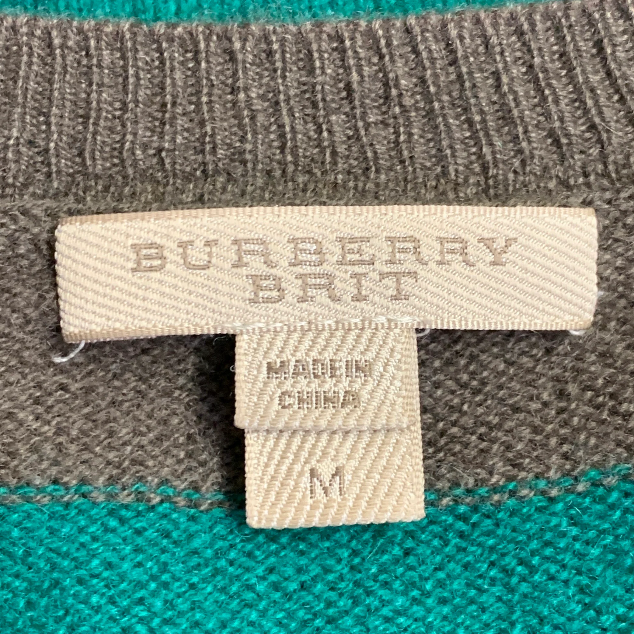 BURBERRY BRIT Size M Green Brown Stripe Cashmere V-Neck Pullover - Image 7