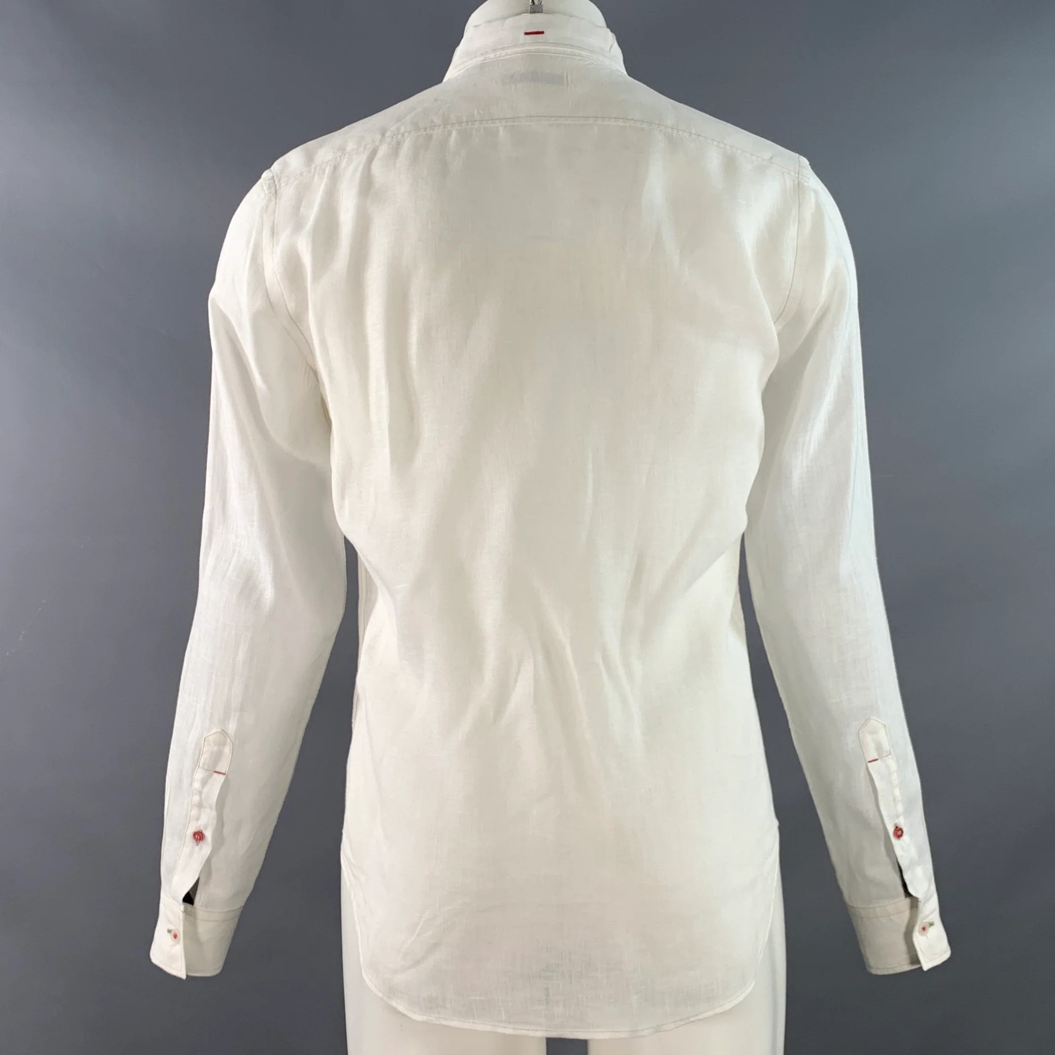 BURBERRY BRIT Size S White Taupe Contrast Stitch Button Down Collar Linen Long Sleeve Shirt - Image 4