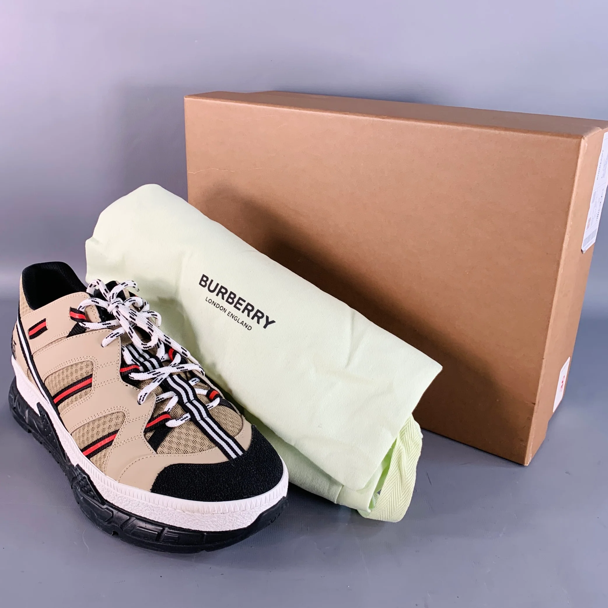 BURBERRY by RICARDO TISCI Size 12 Tan Black Red Stripe Mesh Low Top Sneakers - Image 10