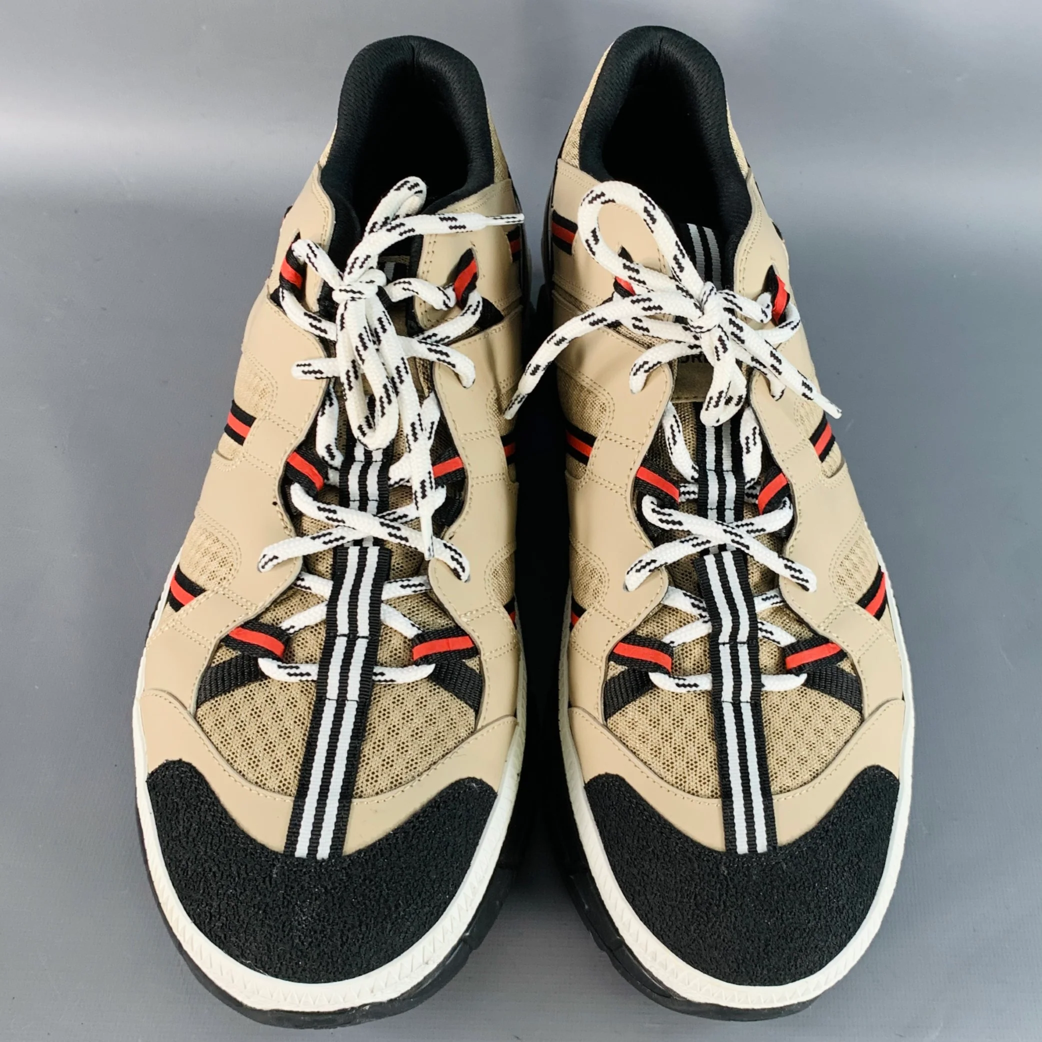 BURBERRY by RICARDO TISCI Size 12 Tan Black Red Stripe Mesh Low Top Sneakers - Image 5