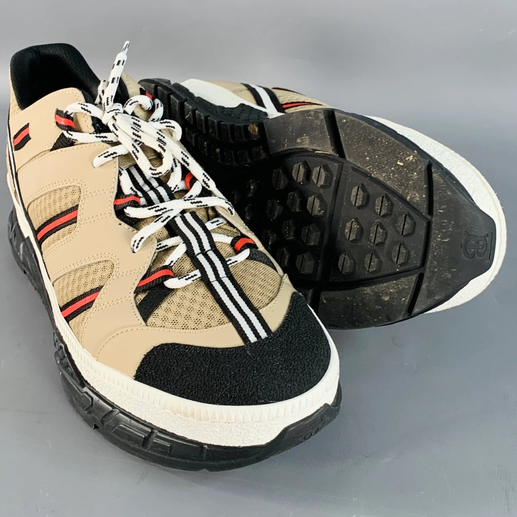 BURBERRY by RICARDO TISCI Size 12 Tan Black Red Stripe Mesh Low Top Sneakers - Image 6