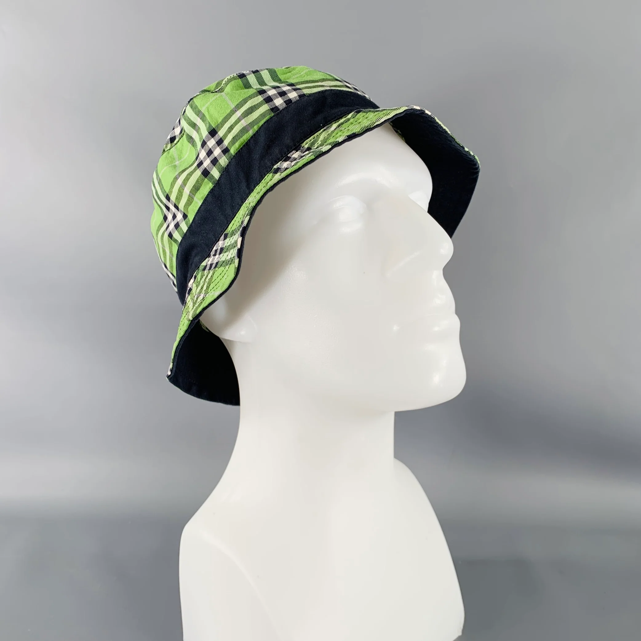 BURBERRY Green Navy Plaid Canvas Reversible Bucket Hat