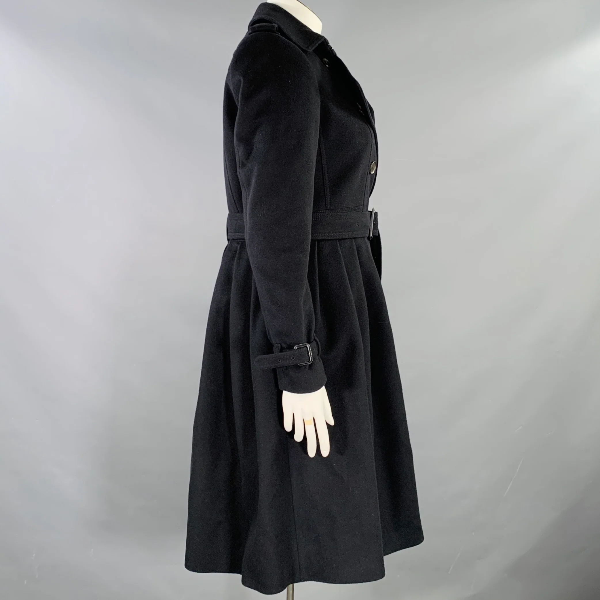 BURBERRY LONDON Size 10 Black Virgin Wool Cashmere A-Line Trench Coat - Image 3
