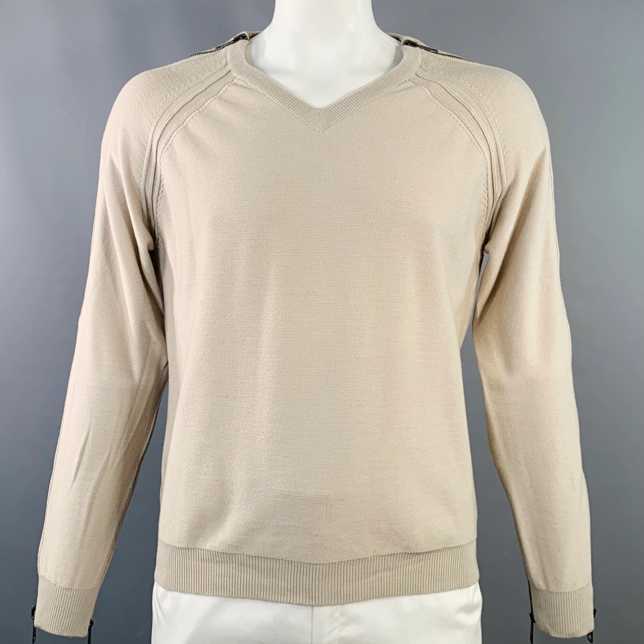 BURBERRY LONDON Size L Beige Silver Wool Cotton V-Neck Zipper Trim Sweater