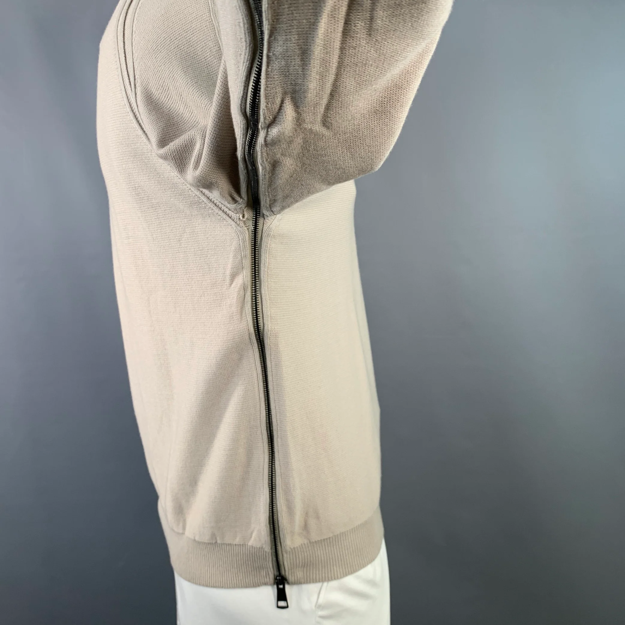 BURBERRY LONDON Size L Beige Silver Wool Cotton V-Neck Zipper Trim Sweater - Image 3