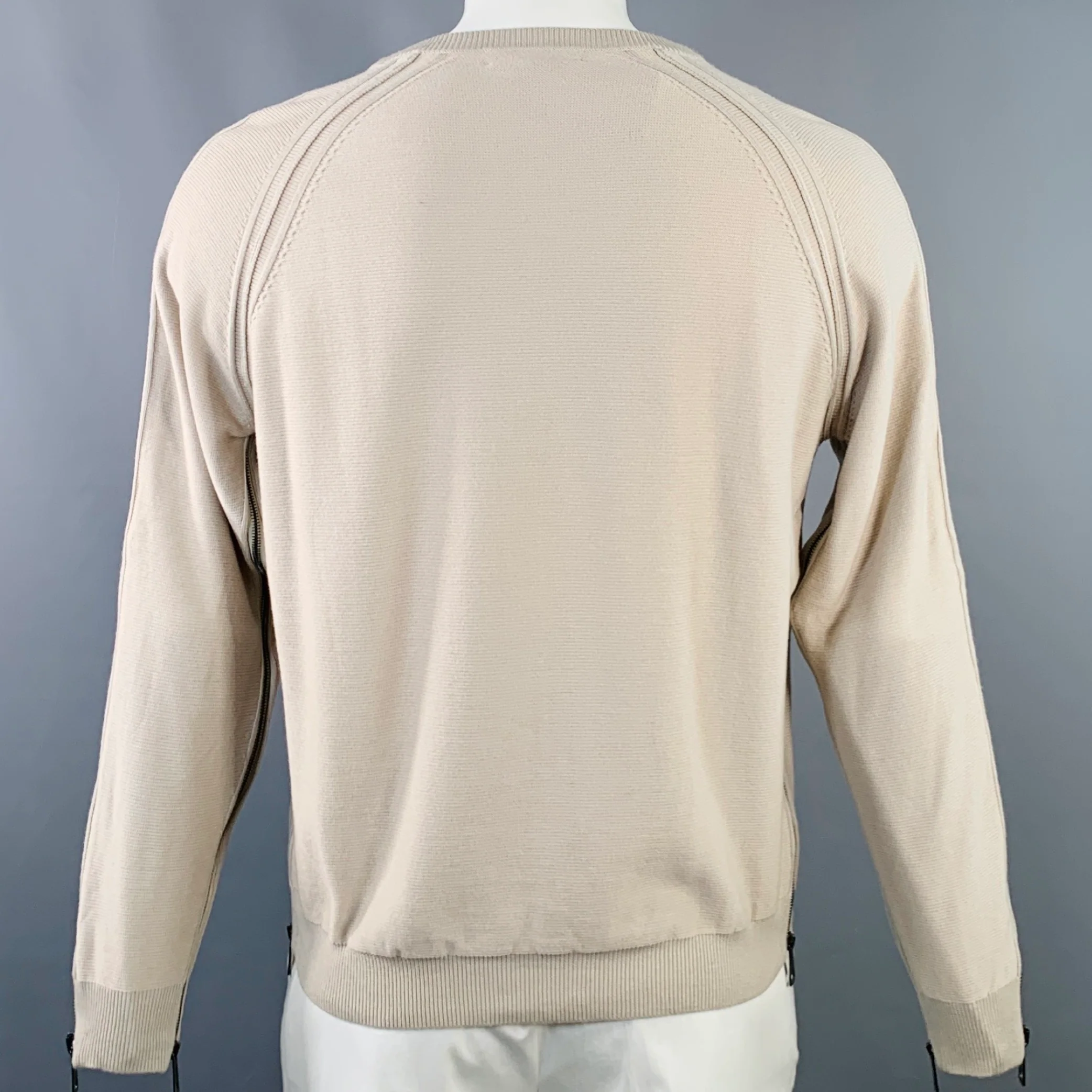 BURBERRY LONDON Size L Beige Silver Wool Cotton V-Neck Zipper Trim Sweater - Image 4