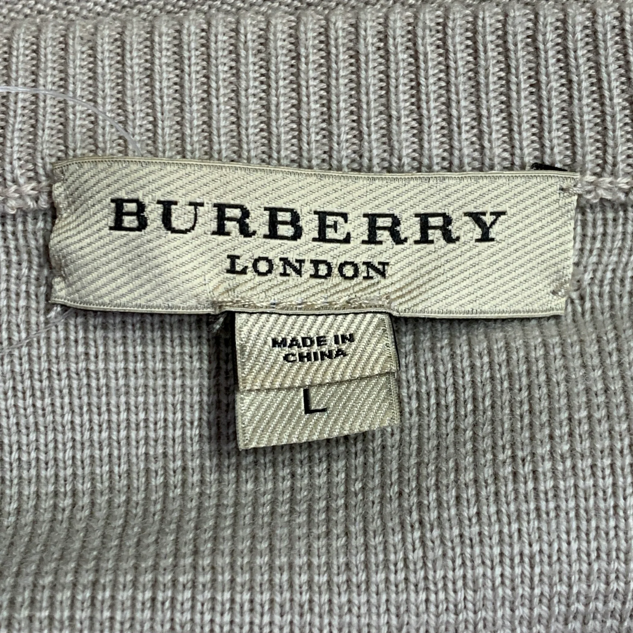 BURBERRY LONDON Size L Beige Silver Wool Cotton V-Neck Zipper Trim Sweater - Image 6