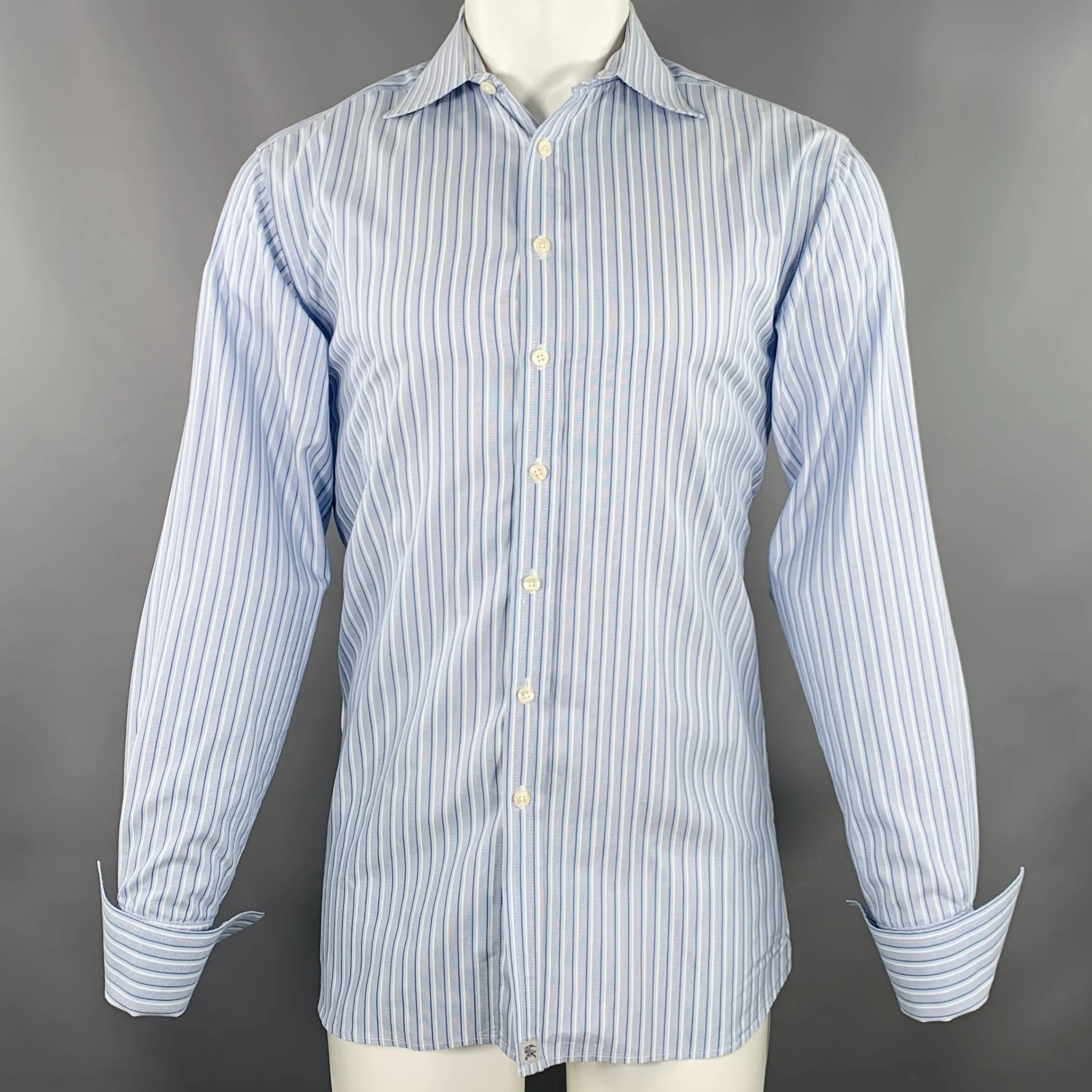 BURBERRY LONDON Size M Blue White Stripe Cotton French Cuff Long Sleeve Shirt