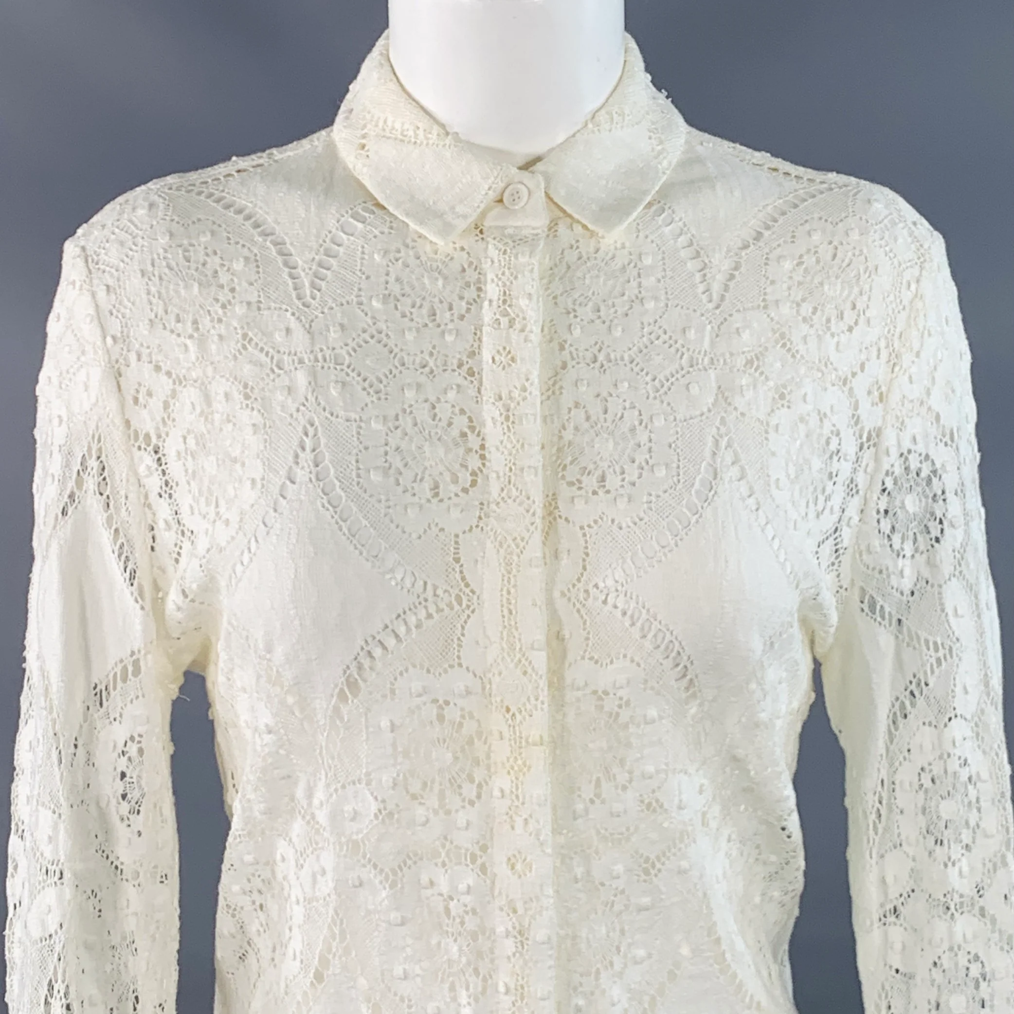BURBERRY PRORSUM Size M Cream Cotton Blend Lace Hidden Placket Shirt - Image 2