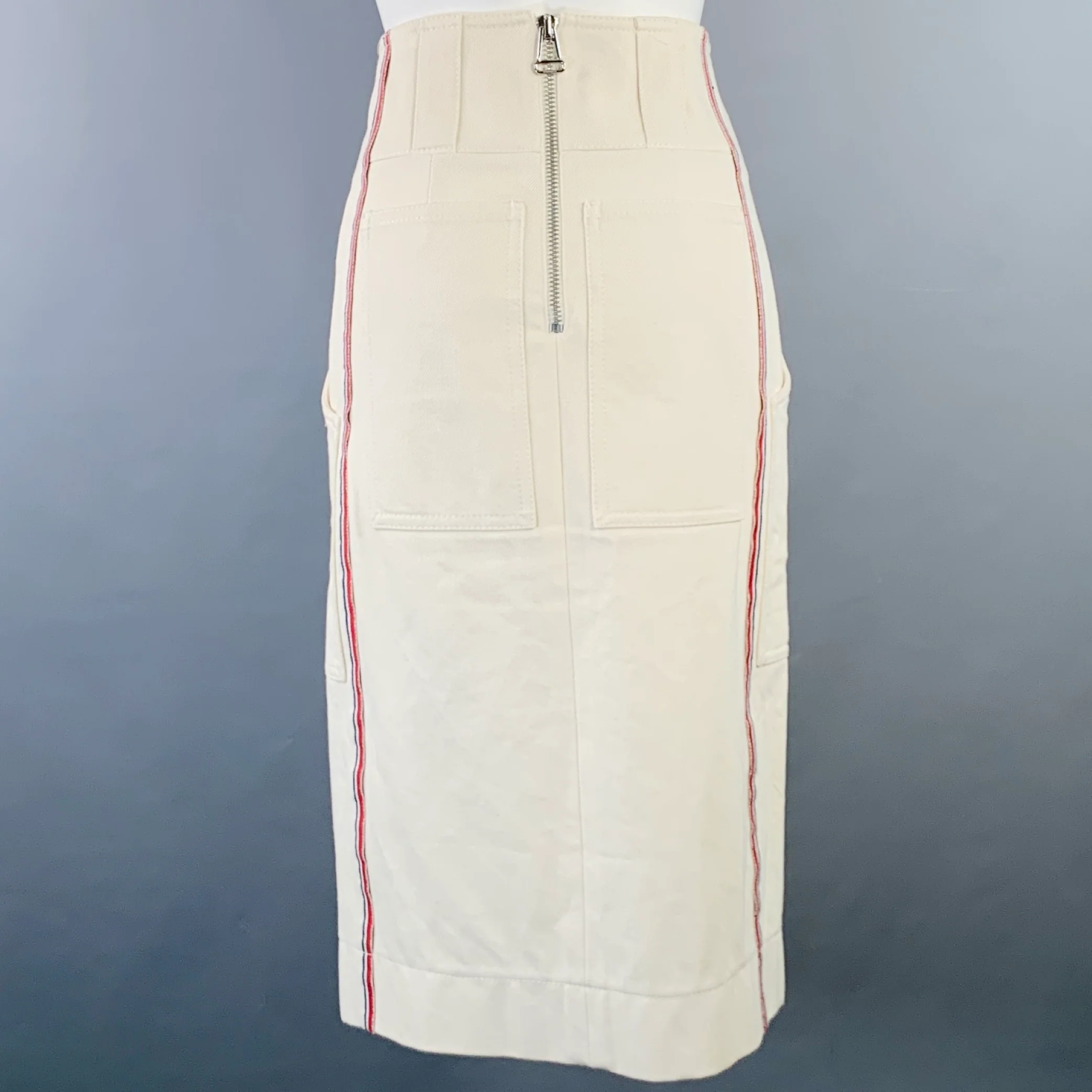 BURBERRY Size 0 Cream Red Blue Cotton Twill Stripe Midi Skirt - Image 2