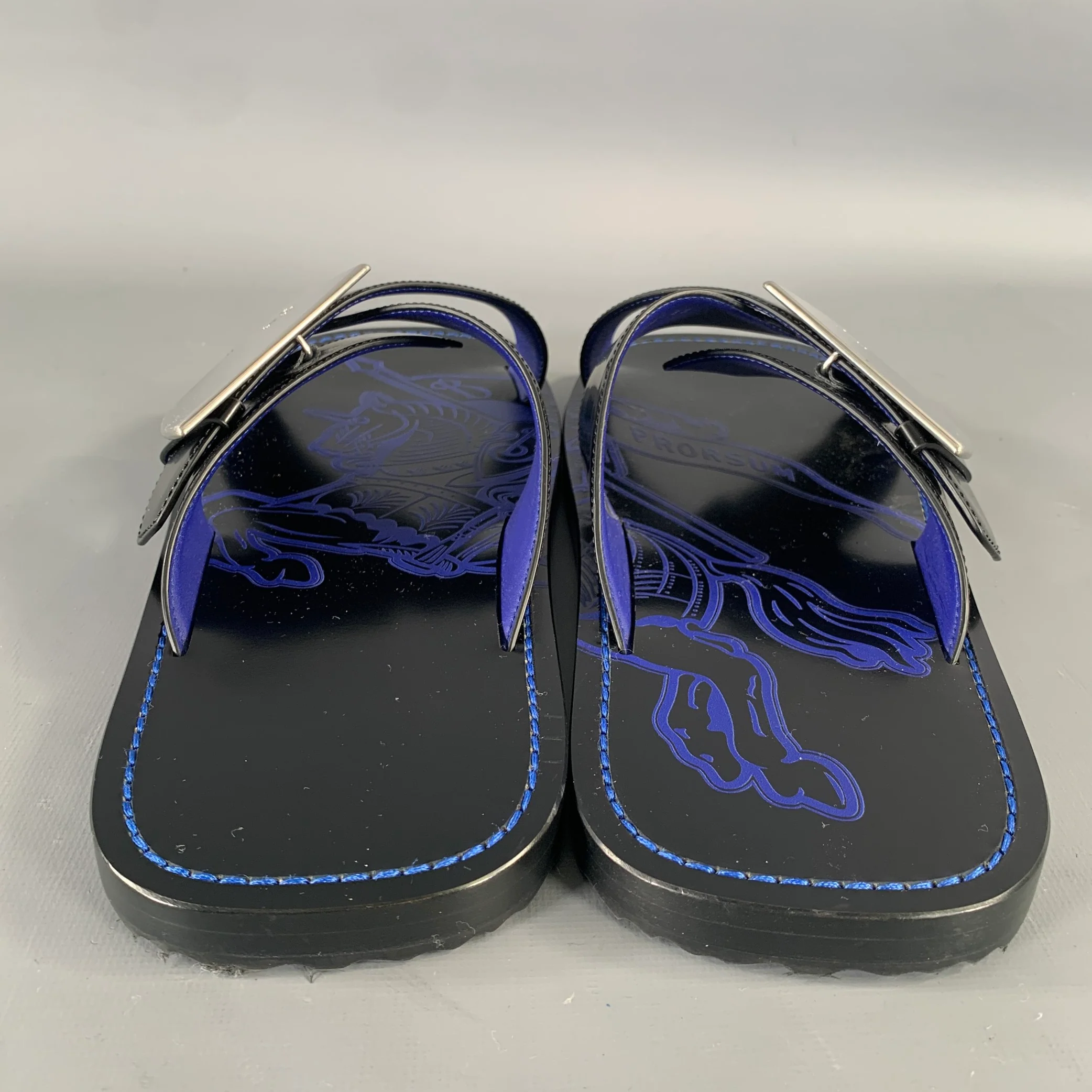 BURBERRY Size 10 Black Blue Leather Slide Sandals - Image 3