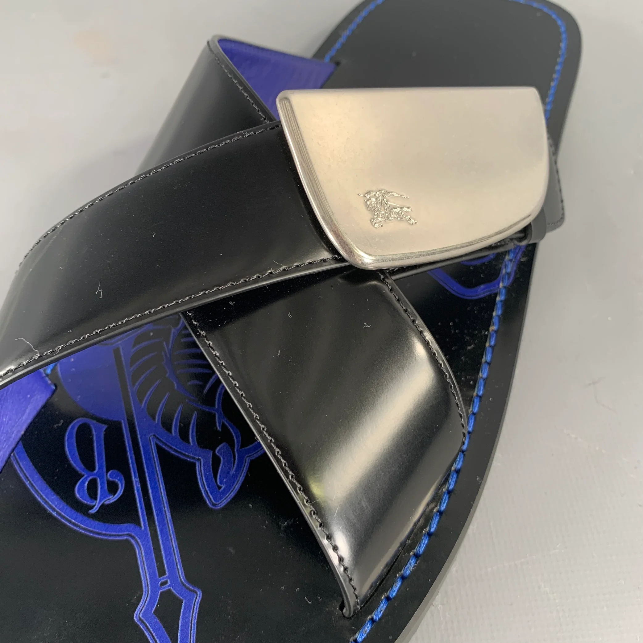 BURBERRY Size 10 Black Blue Leather Slide Sandals - Image 8