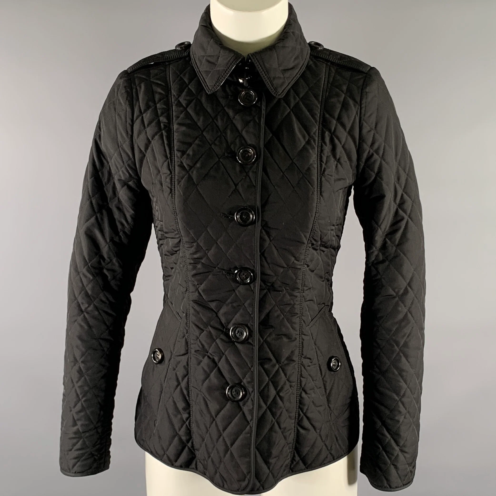 BURBERRY Size 2 Black Polyester Quilted Jacket.