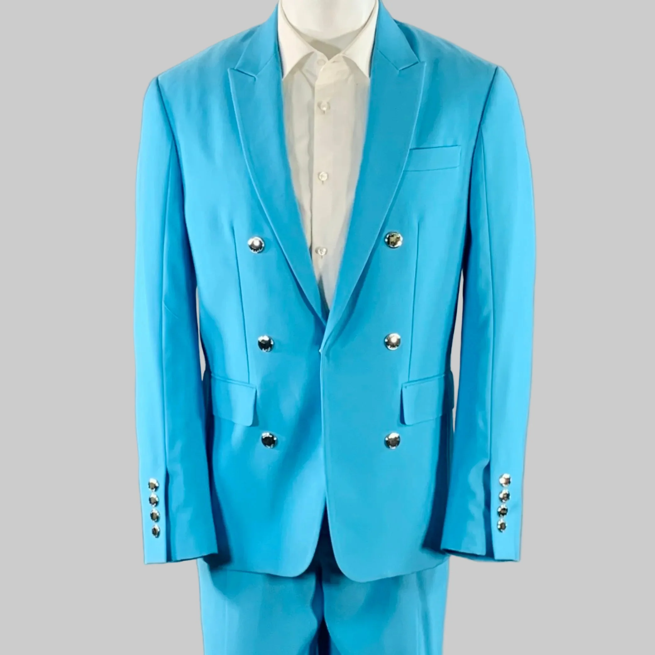 BURBERRY Size 38 Aqua Wool Peak Lapel Double Breasted Suit