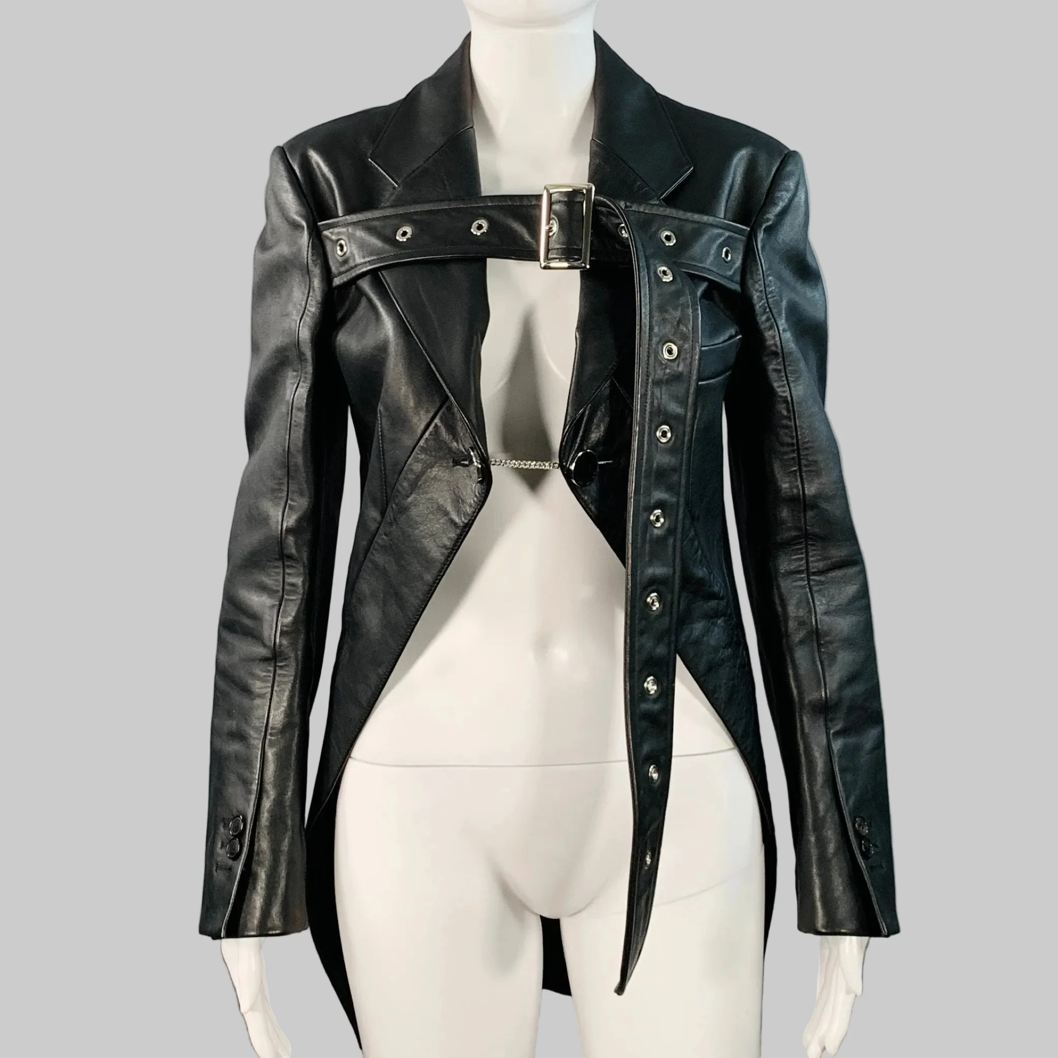 BURBERRY Size 4 Black Leather Biker Belted Coattails Jacket