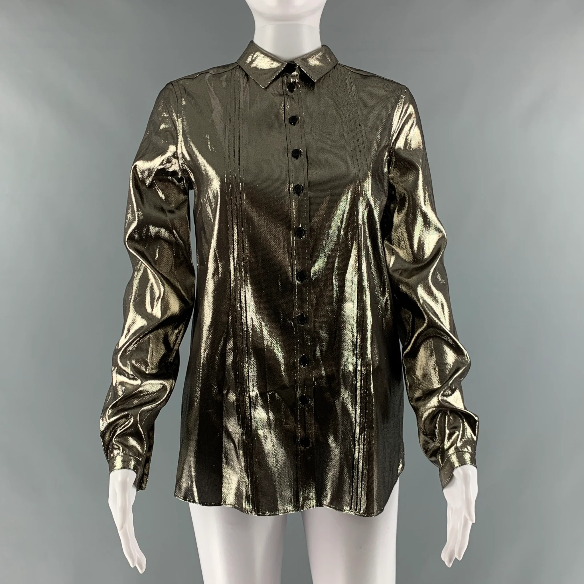 BURBERRY Size 4 Gold Silk Metallic Button Up Shirt