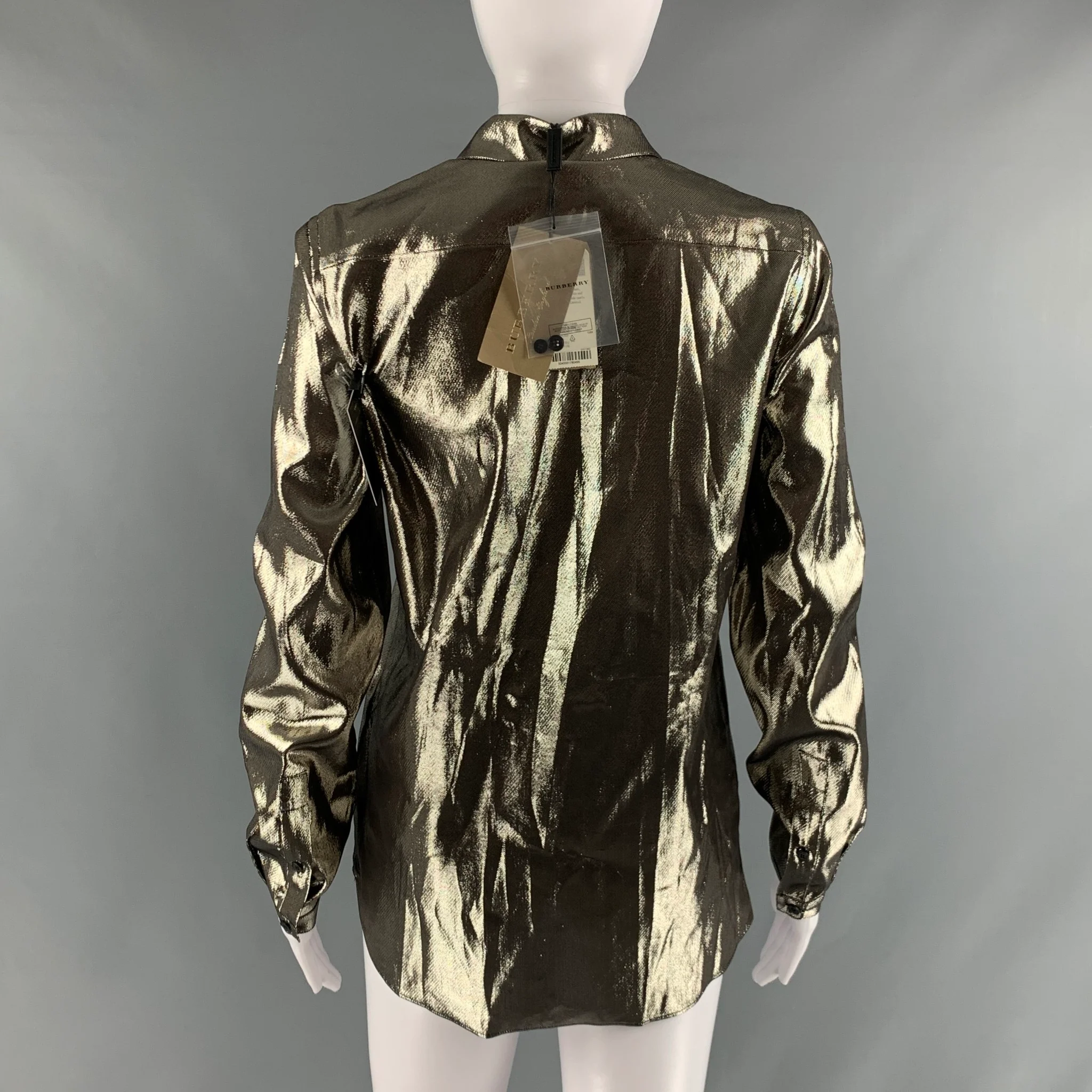 BURBERRY Size 4 Gold Silk Metallic Button Up Shirt - Image 3