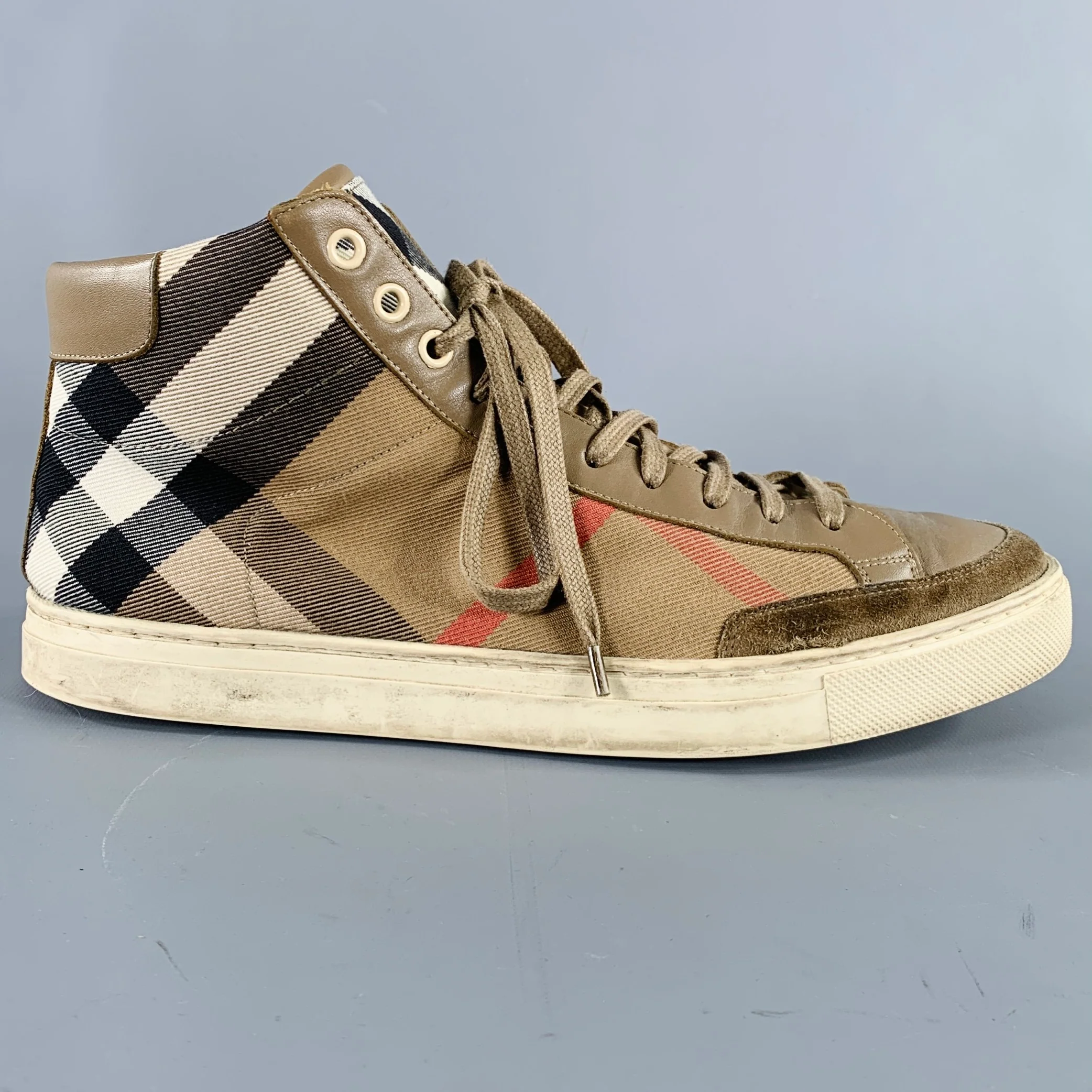 BURBERRY Size 8 Beige Black Plaid Canvas High Top Sneakers - Image 2