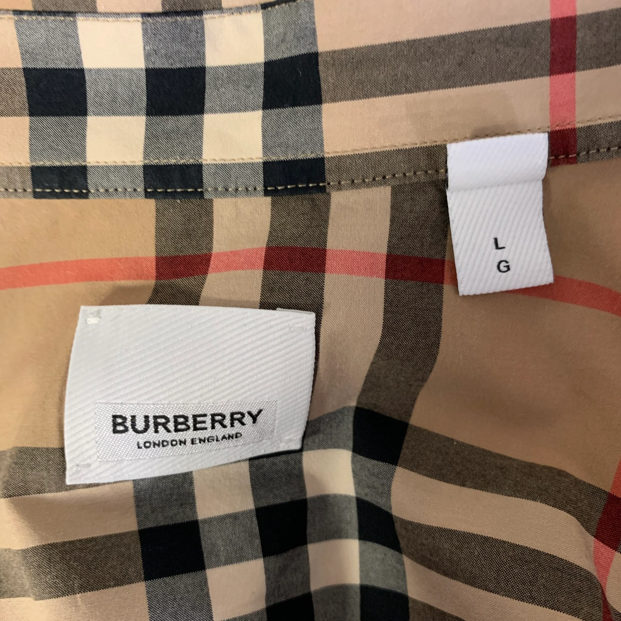 BURBERRY Size L Khaki Red Black Plaid Cotton Long Sleeve Shirt - Image 5