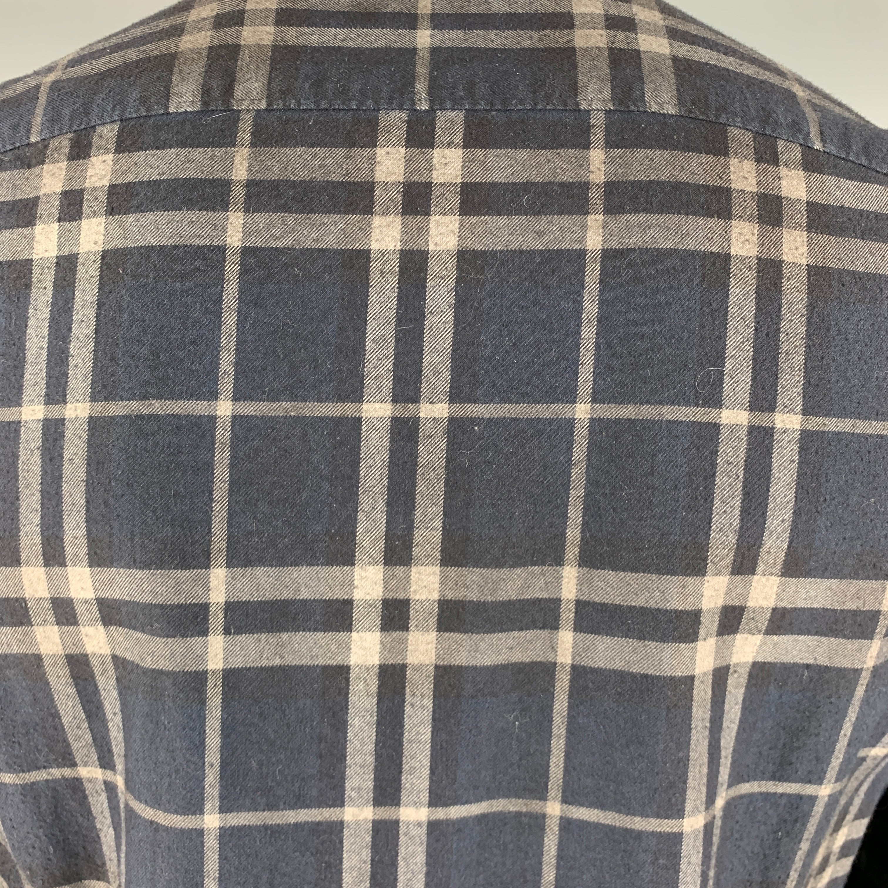 BURBERRY Size L Navy Grey Plaid Cotton Button Up Long Sleeve Shirt - Image 4
