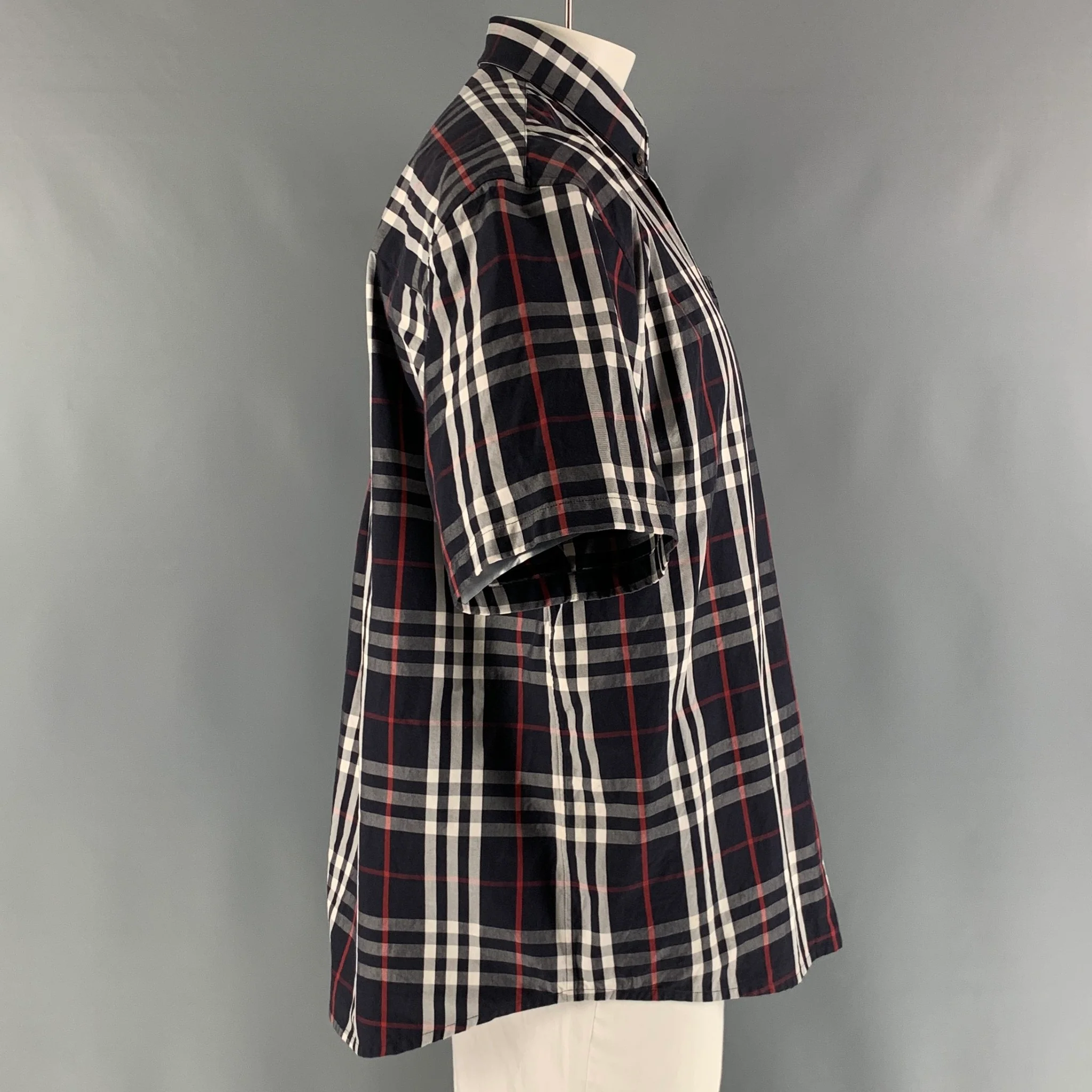BURBERRY Size L Navy White & Red Plaid Cotton Button Down Short Sleeve Shirt - Image 2