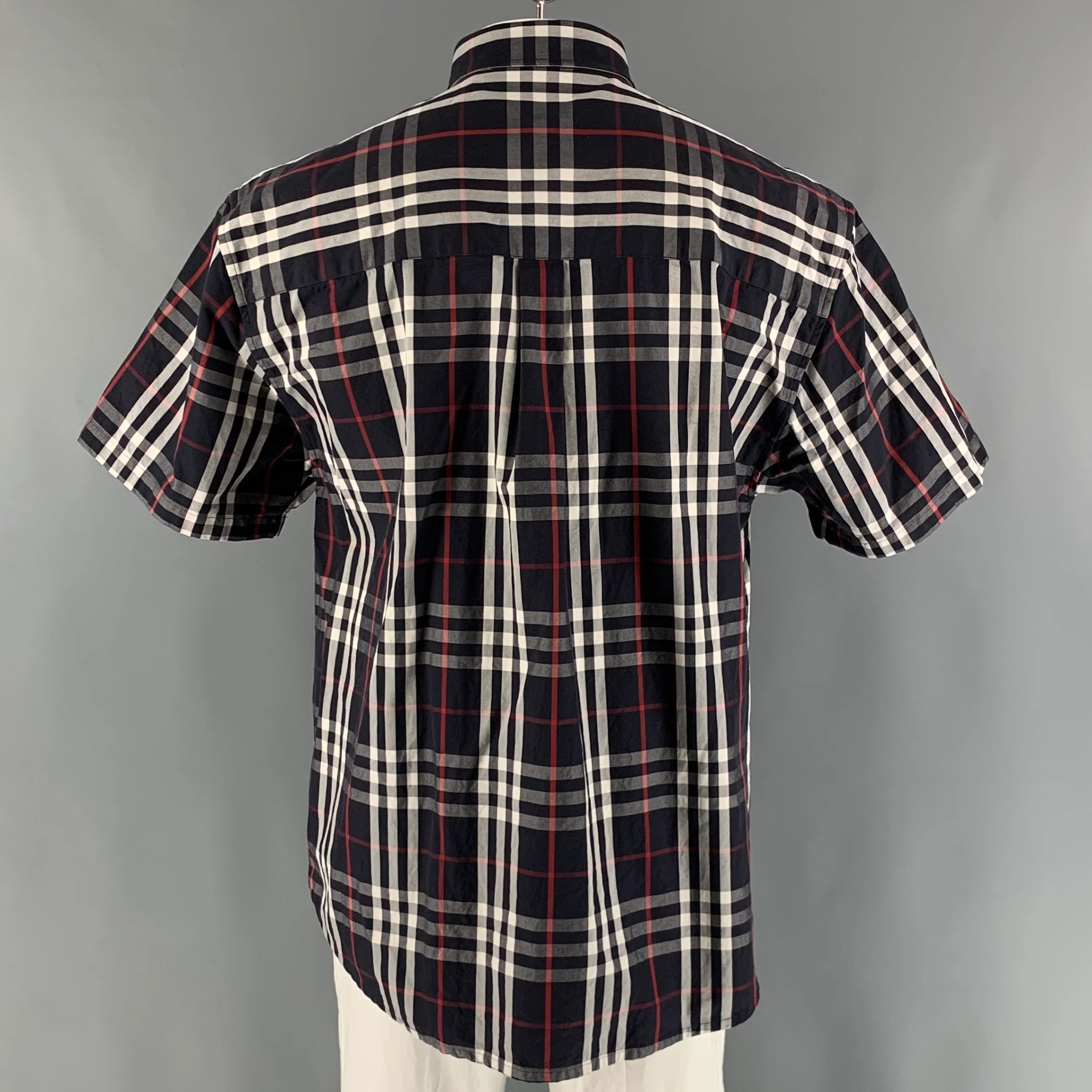 BURBERRY Size L Navy White & Red Plaid Cotton Button Down Short Sleeve Shirt - Image 3