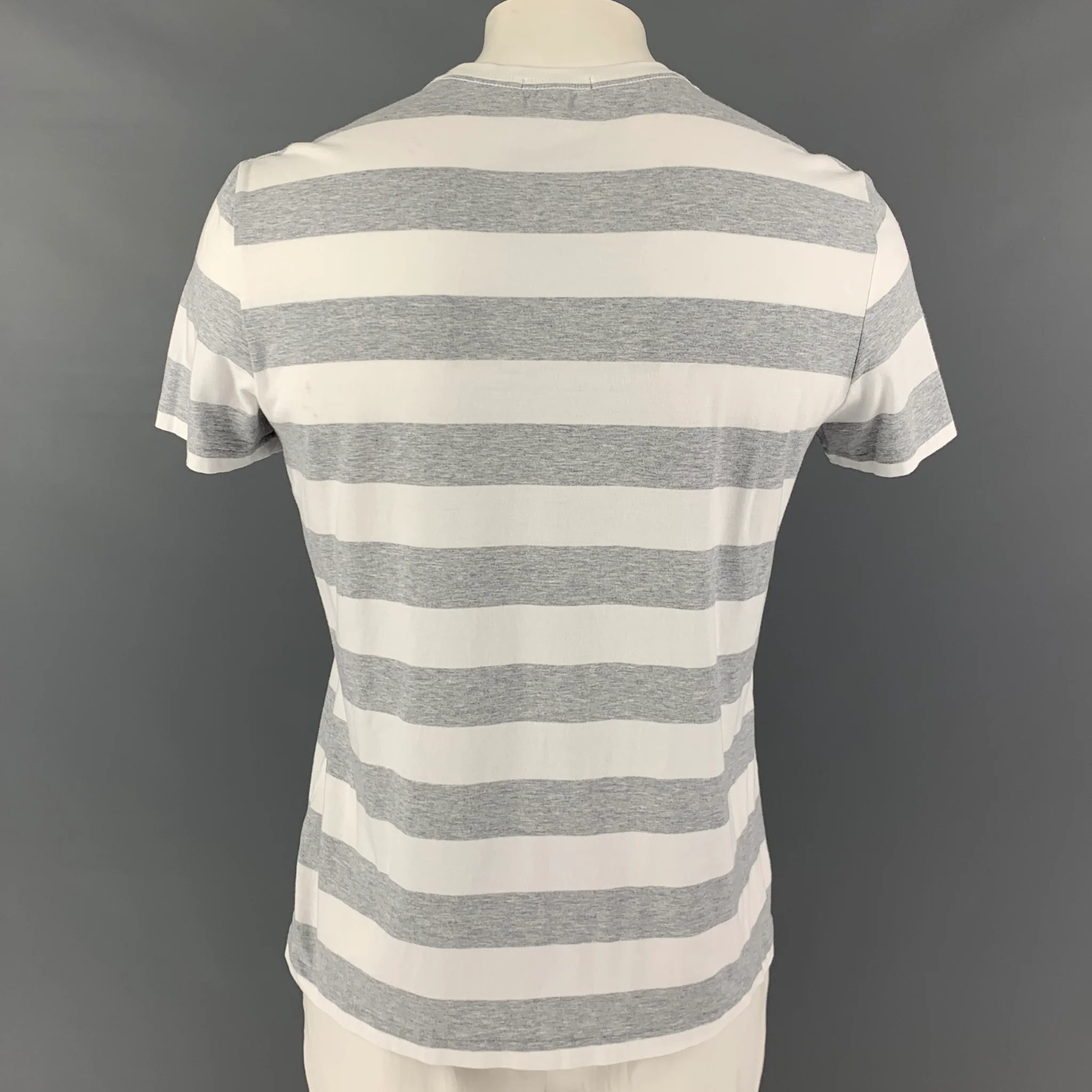 BURBERRY Size L White Grey Stripe Cotton Crew-Neck T-shirt - Image 3
