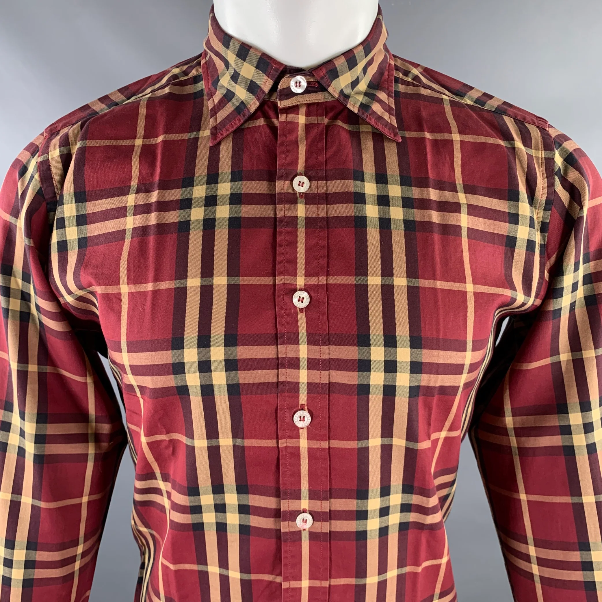 BURBERRY Size M Burgundy Khaki & Black Plaid Cotton Button Up Long Sleeve Shirt - Image 2