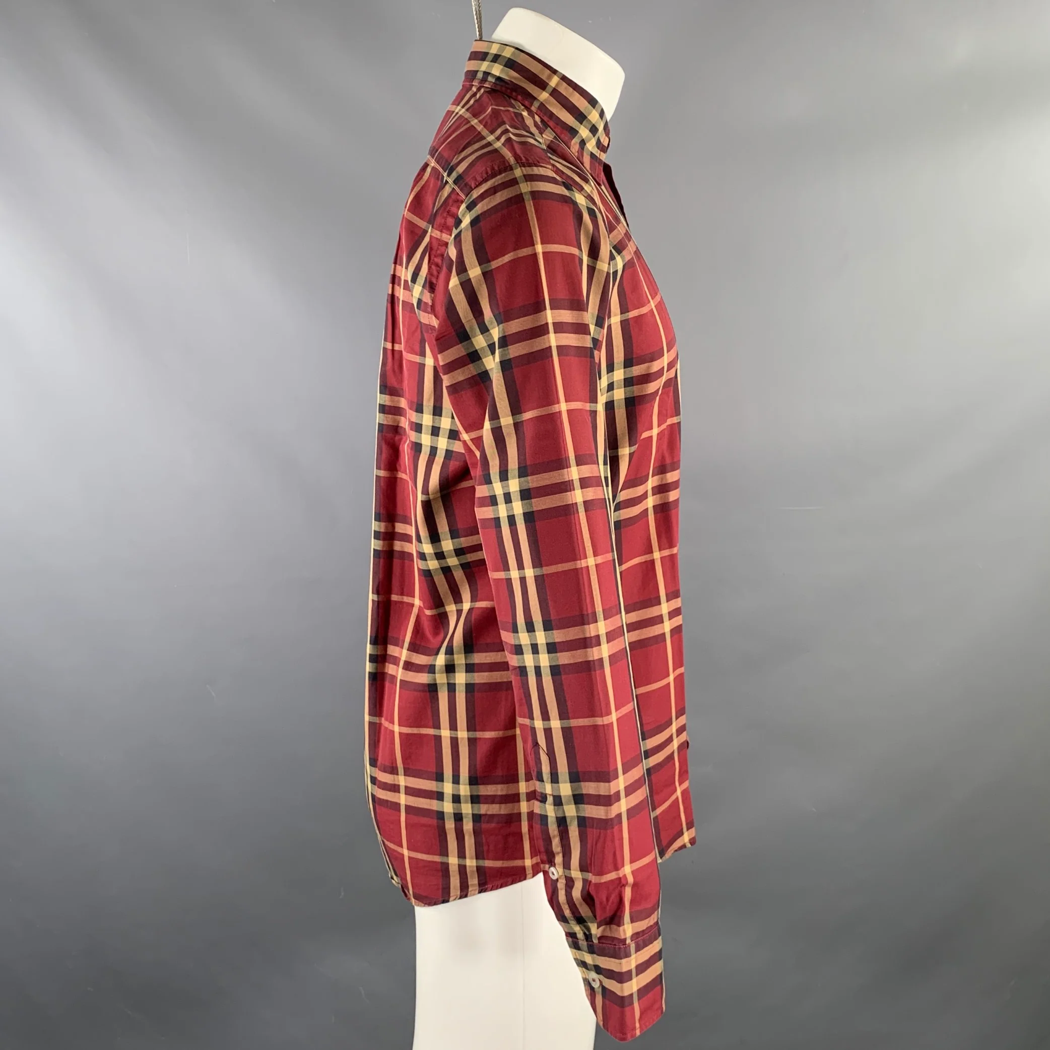 BURBERRY Size M Burgundy Khaki & Black Plaid Cotton Button Up Long Sleeve Shirt - Image 3